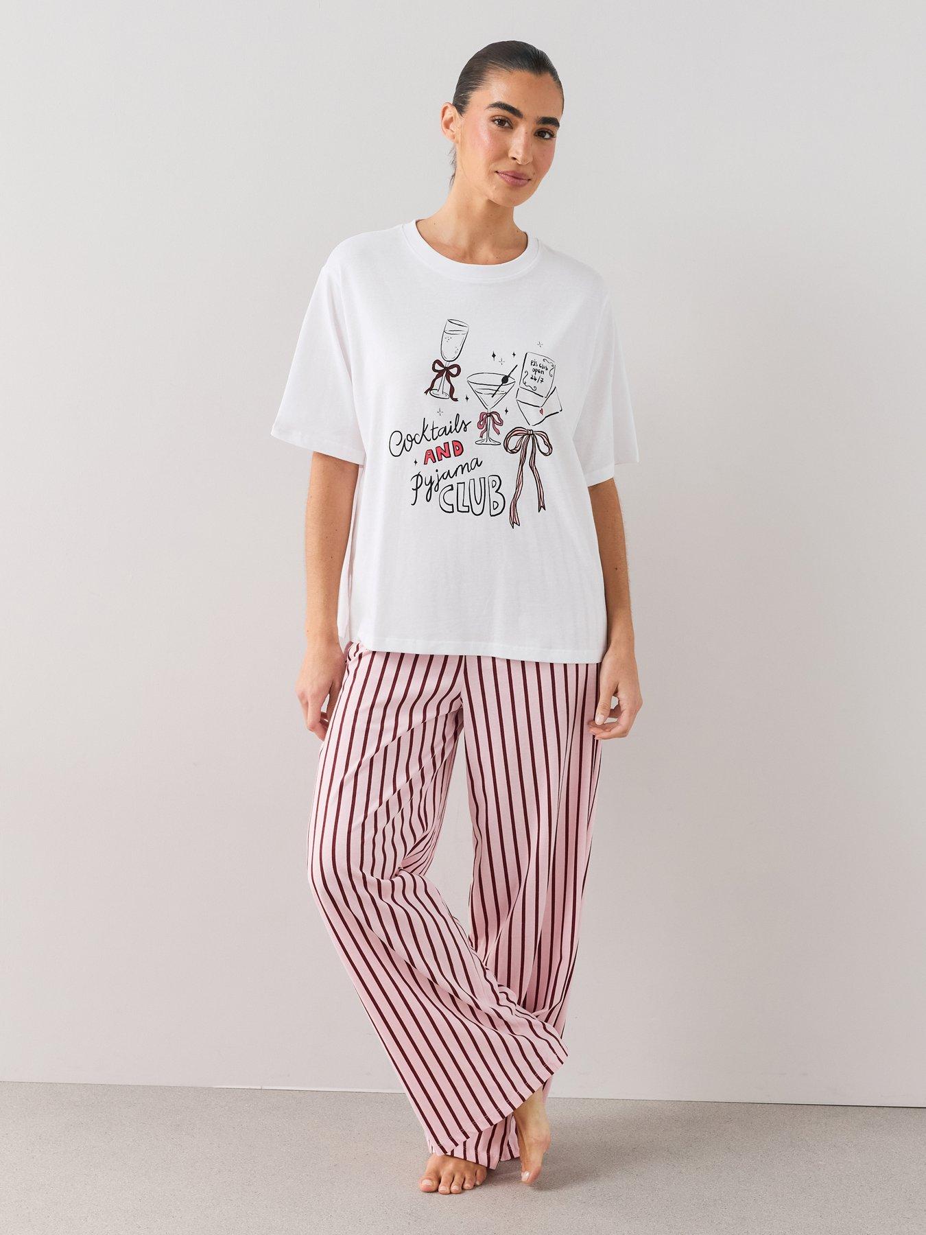 The Very Collection Oversized Cocktail Club T-shirt And Stripe Wide Leg Pyjama Set - Multi