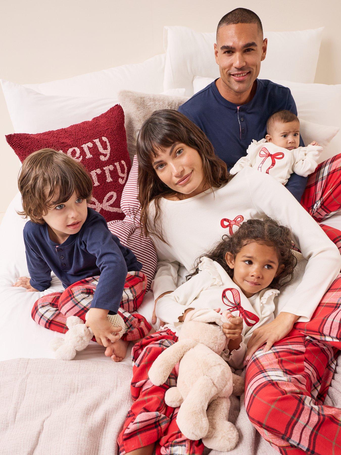 The Very Collection Womens Family Christmas Pyjama Bow Ribbed Top And Check Woven Bottoms Set - Red