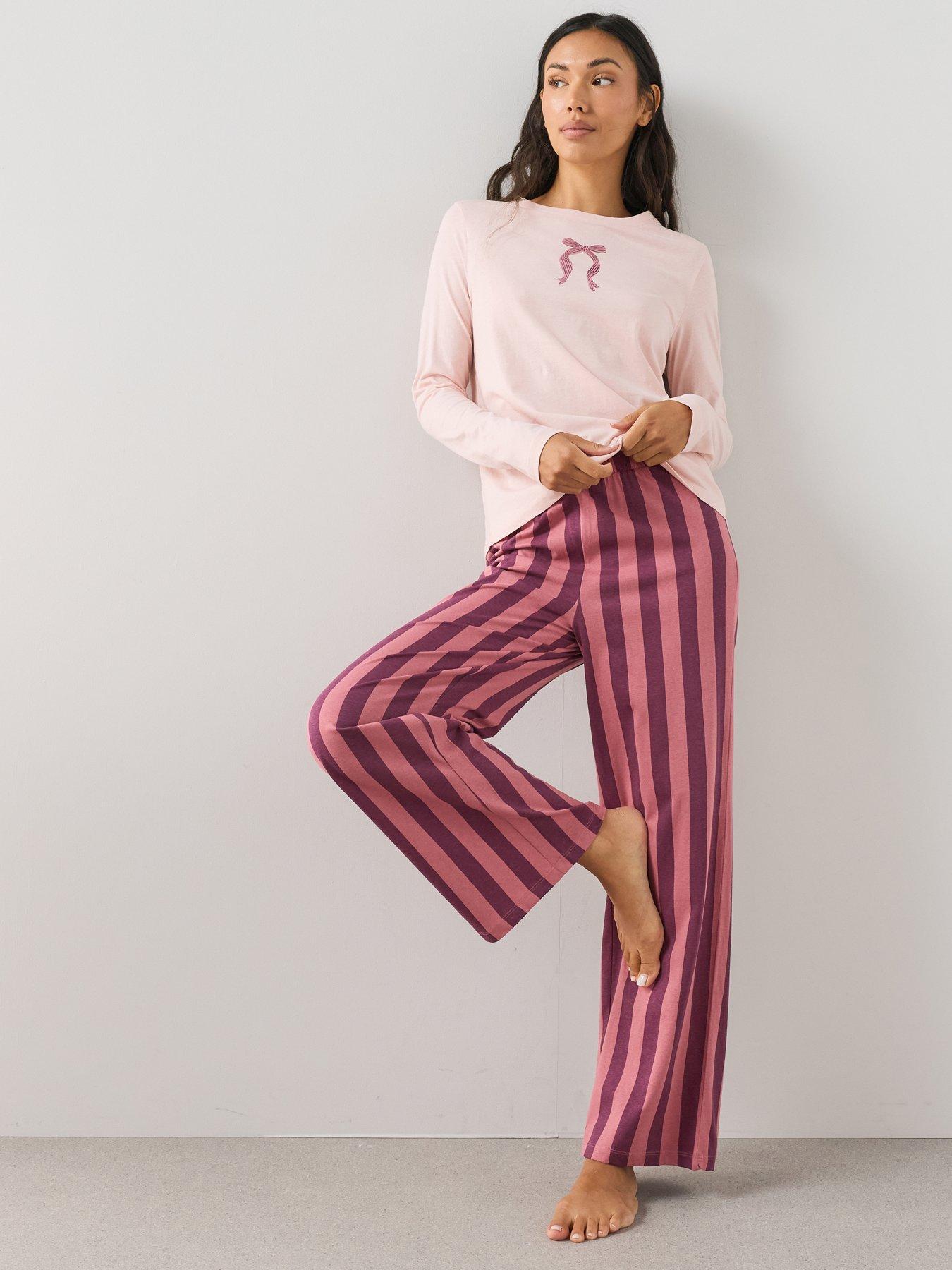 The Very Collection Long Sleeve Bow Print And Stripe Wide Leg Pyjama Set - Pink