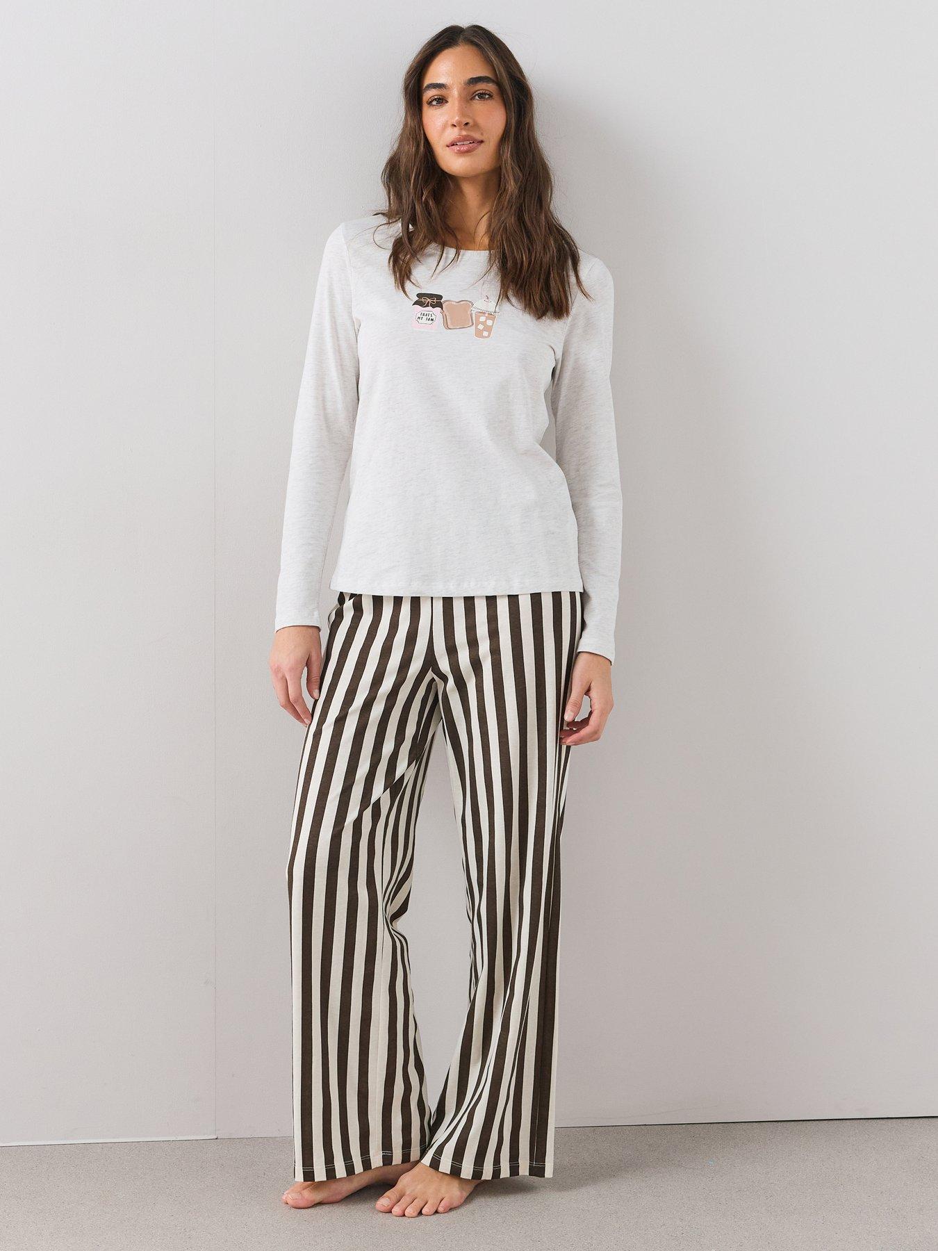 Image 1 of 6 of The Very Collection Womens Breakfast Print Wide Leg Pyjama Set - Beige