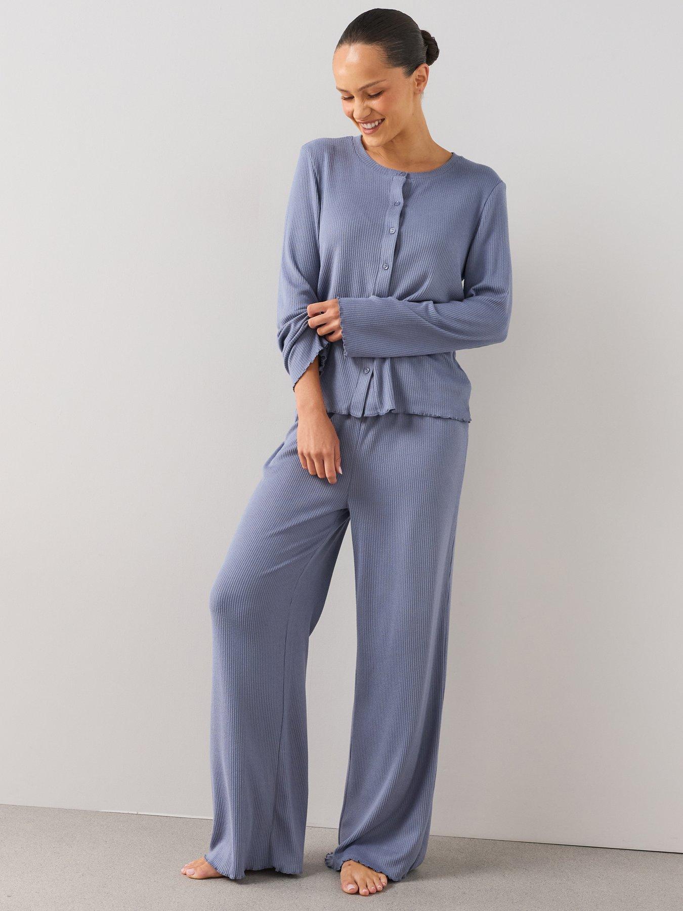 The Very Collection Frill Ribbed Button Through Top And Wide Leg Pyjama Set