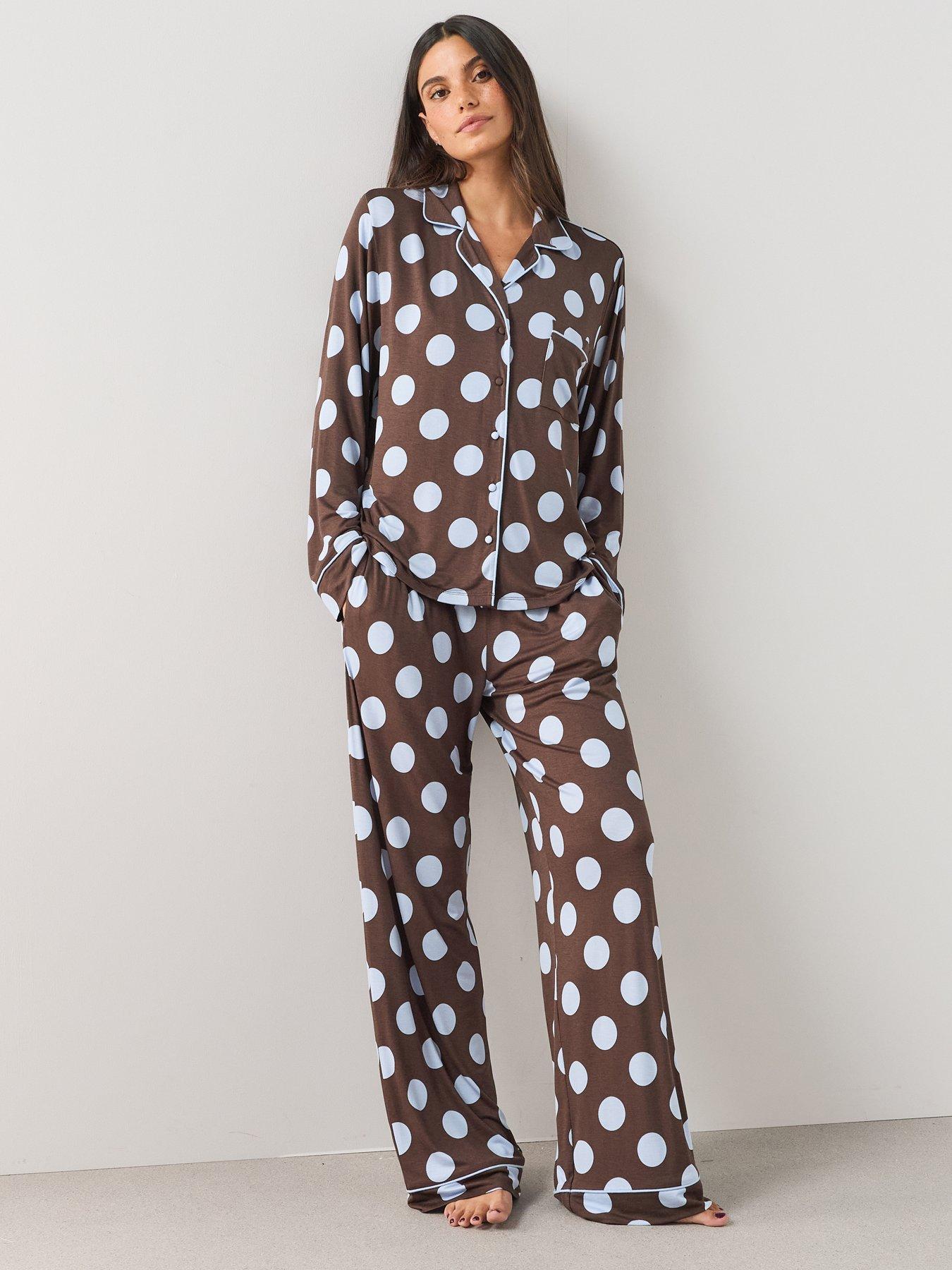 The Very Collection Polka Dot Jersey Revere Pyjama Set - Brown