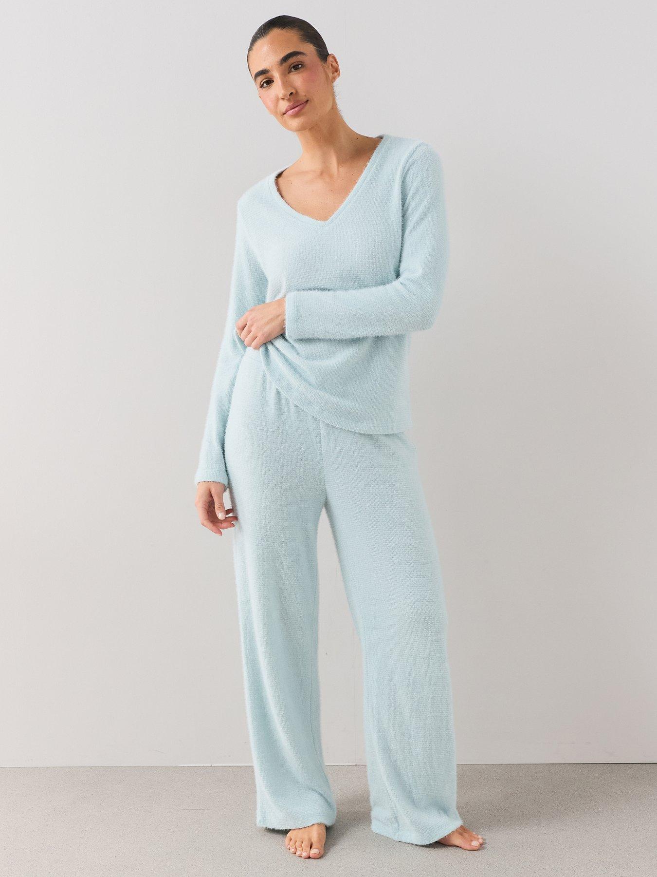 The Very Collection V Neck Knit Soft Touch Top And Wide Leg Pyjama Set - Blue