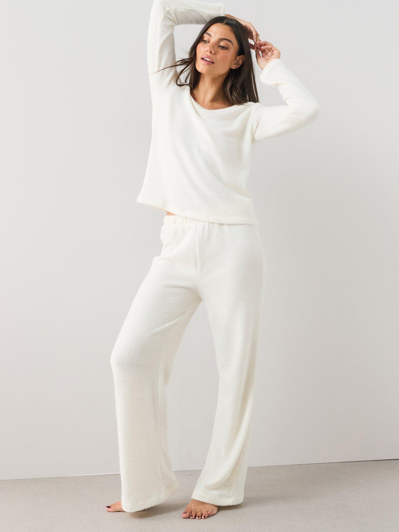 The Very Collection V Neck Knit Soft Touch Top And Wide Leg Pyjama Set - Cream