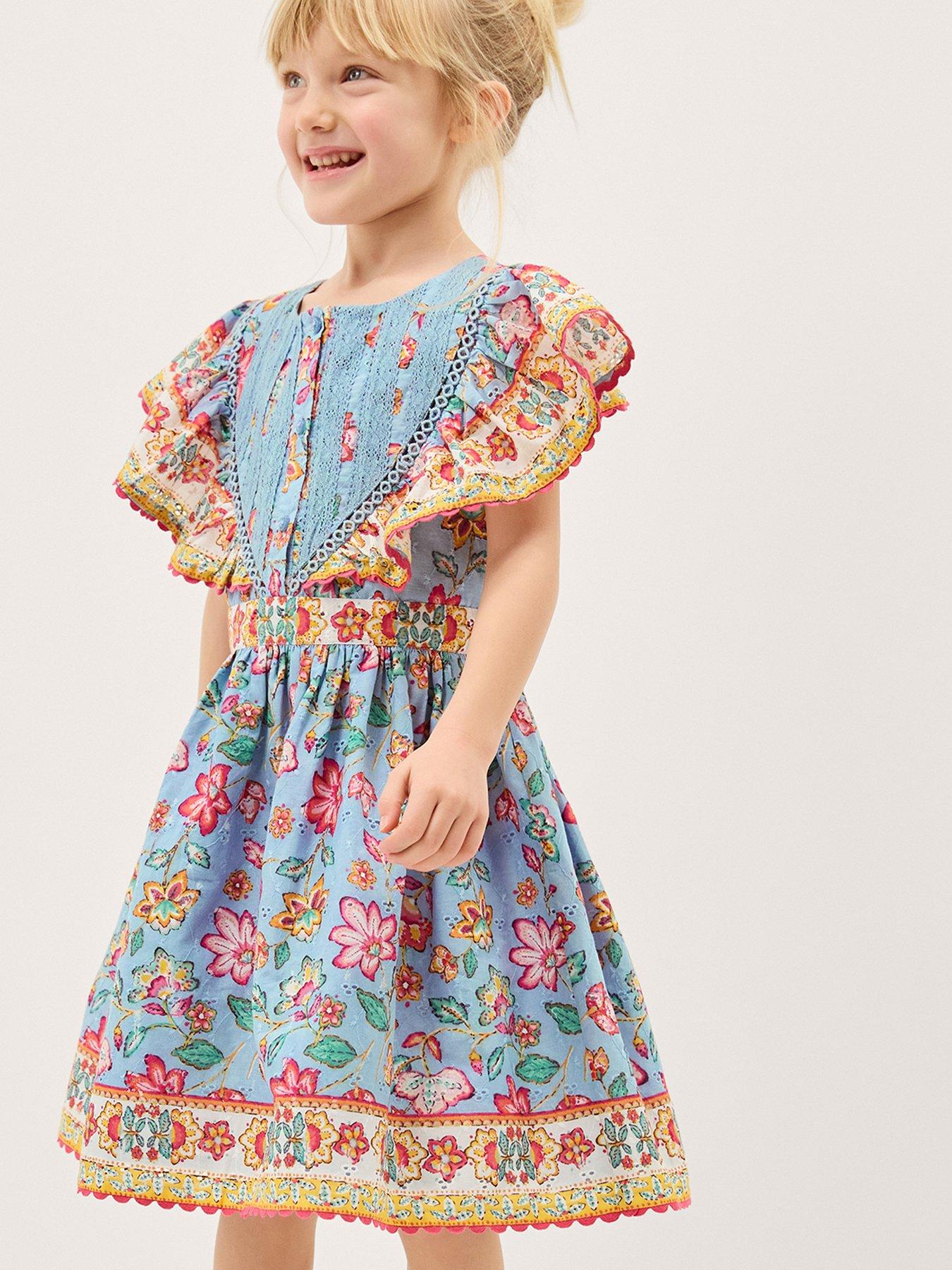 Monsoon Girls Adara Blue Broiderie Dress - Blue