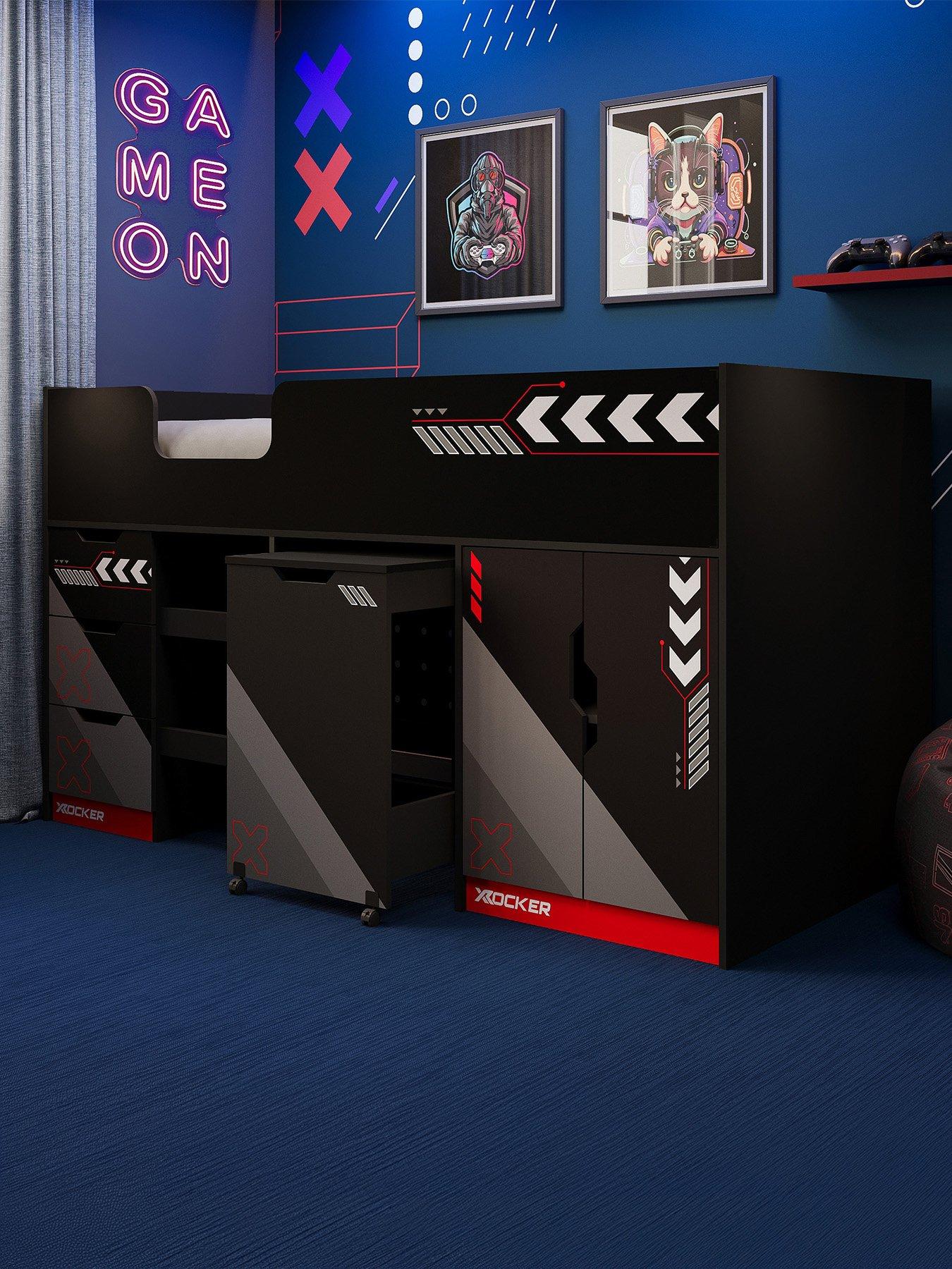 X Rocker Octane Mid Sleeper Gaming Cabin Bed Wardrobe And Pull-out Desk - Red