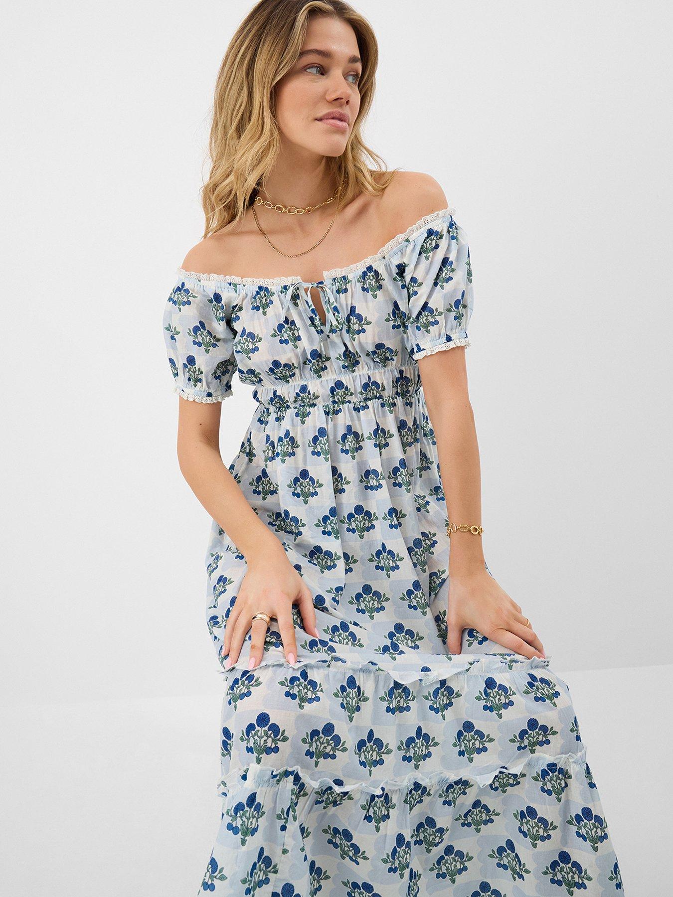 Image 4 of 5 of Accessorize Off The Shoulder Floral Midi Dress - Cream