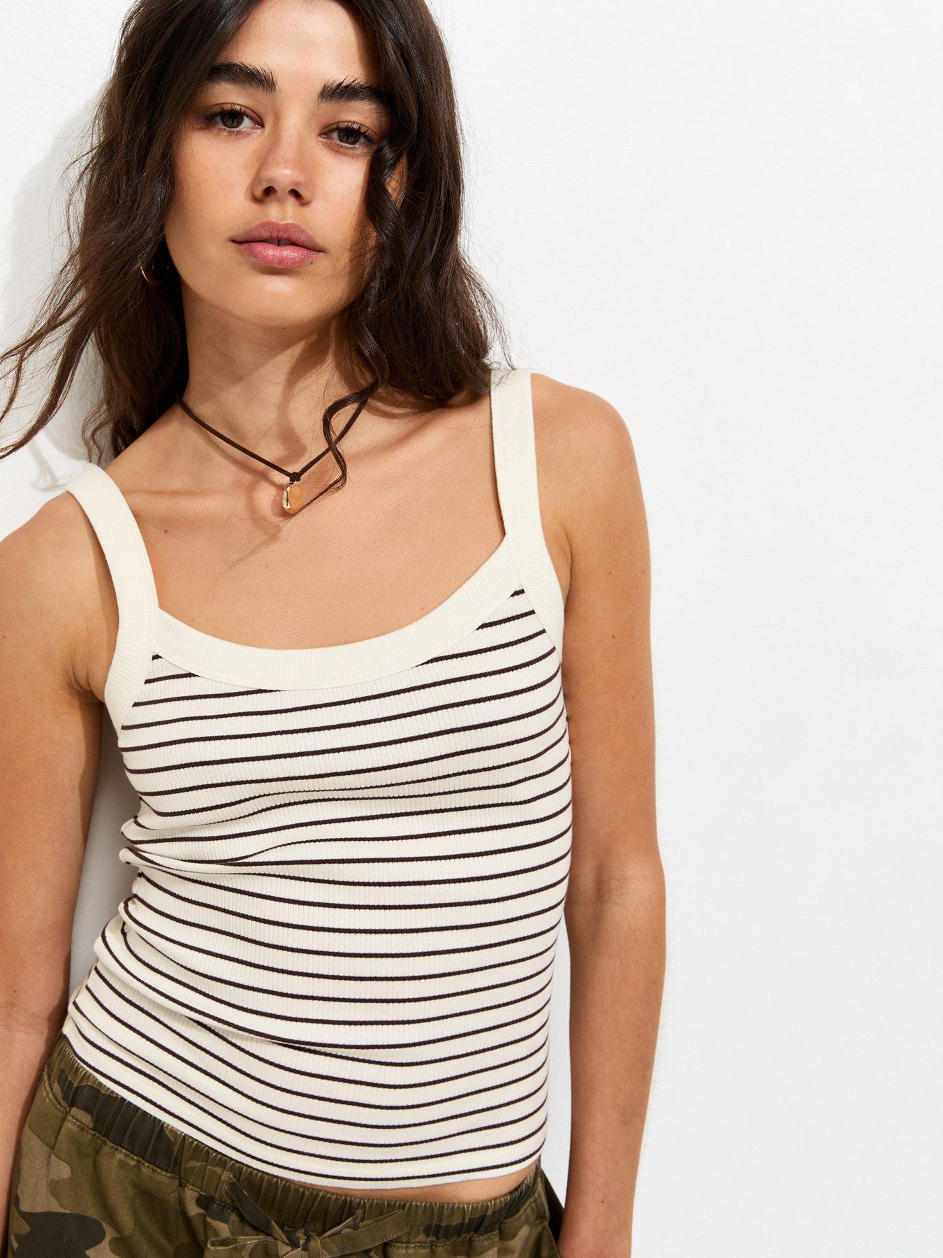 Image 1 of 6 of New Look Cotton Rich Striped Scoop Neck Ribbed Cami Top - Brown