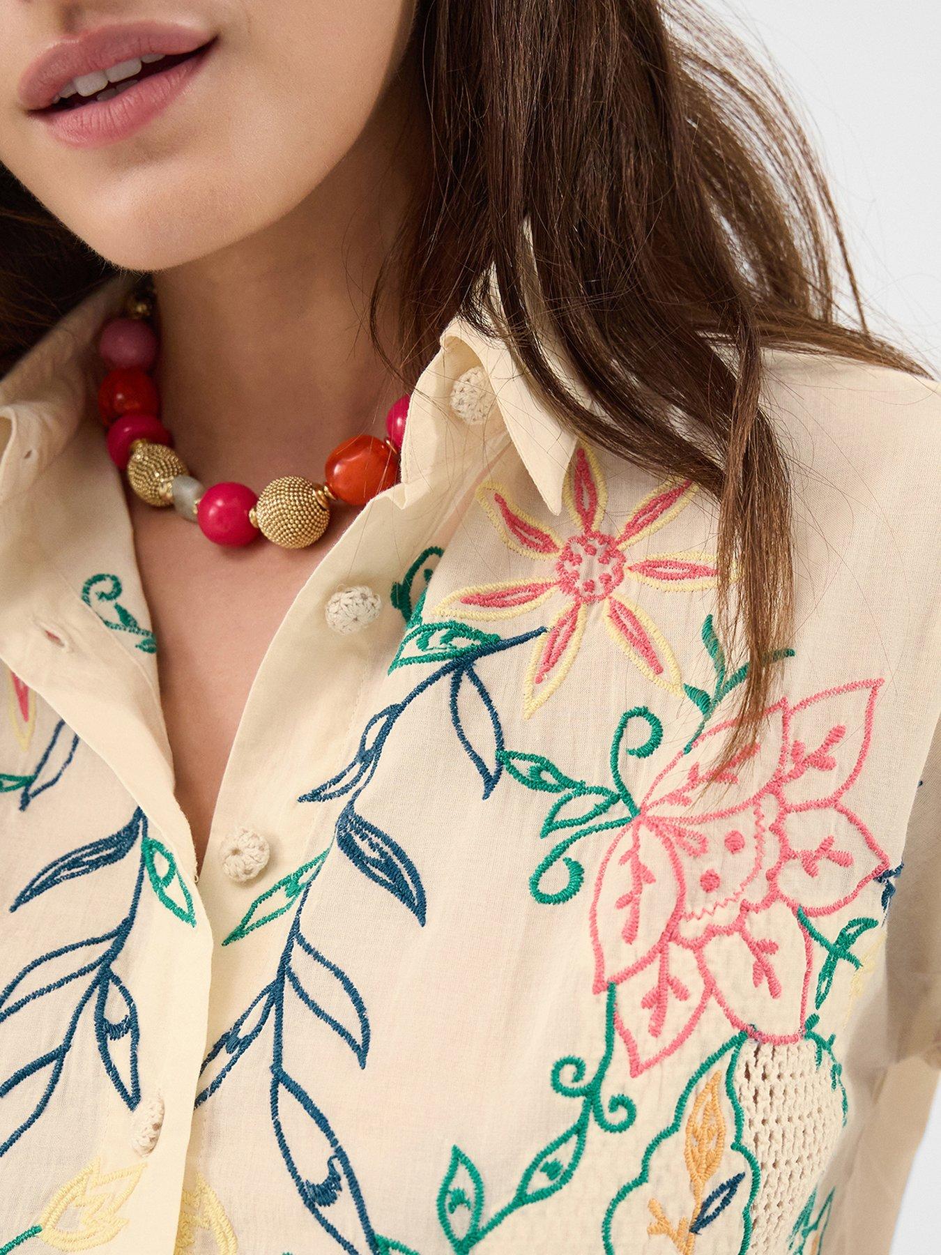  image of accessorize-bright-cutwork-embroidered-short-sleeve-shirt-multi