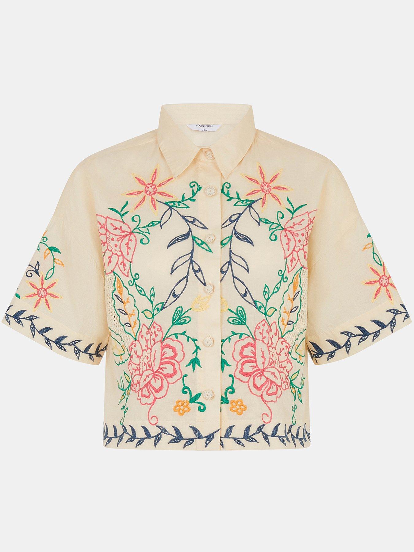 image of accessorize-bright-cutwork-embroidered-short-sleeve-shirt-multi