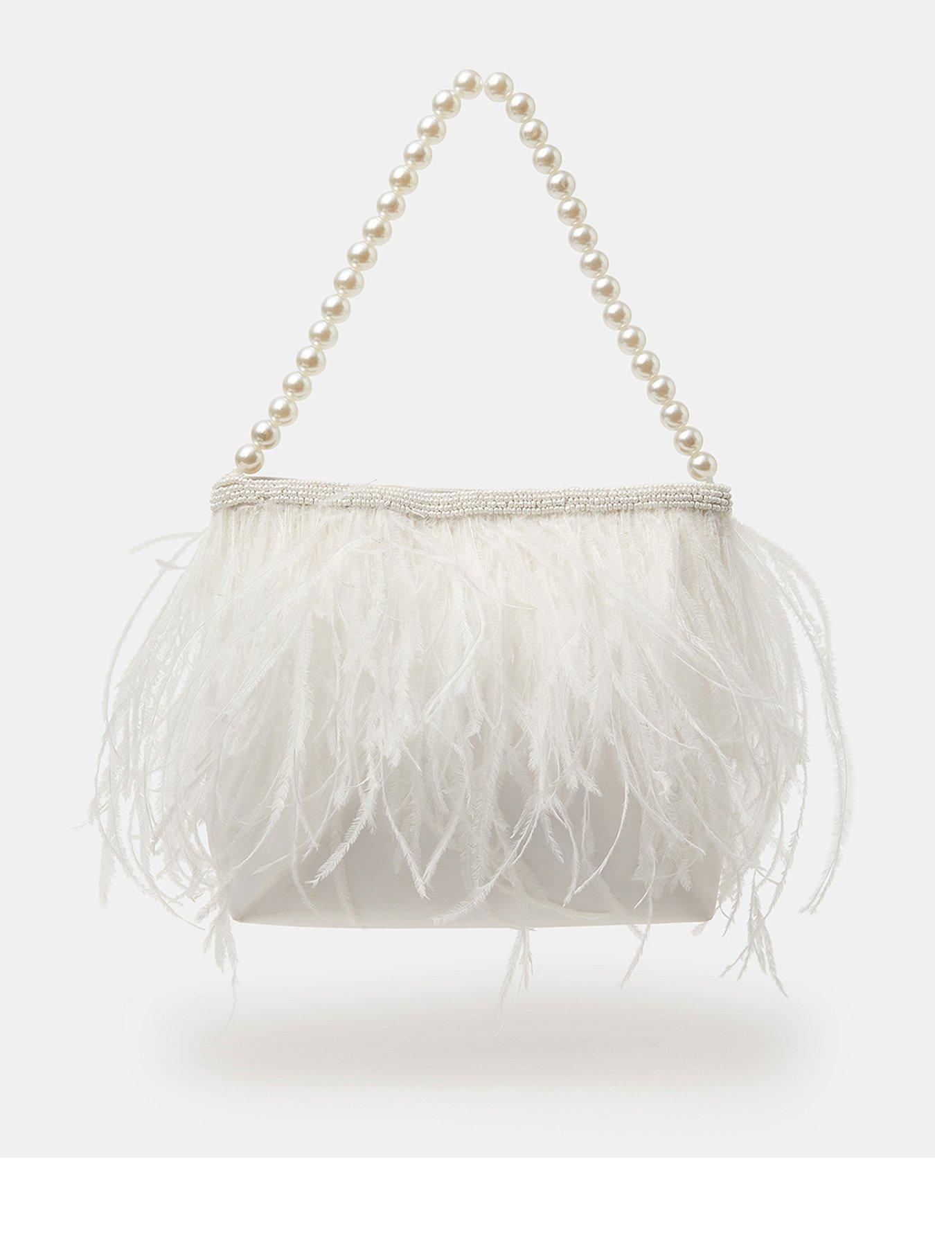 Image 1 of 5 of Accessorize Bridal Feather Pearl Handheld Bag - Cream