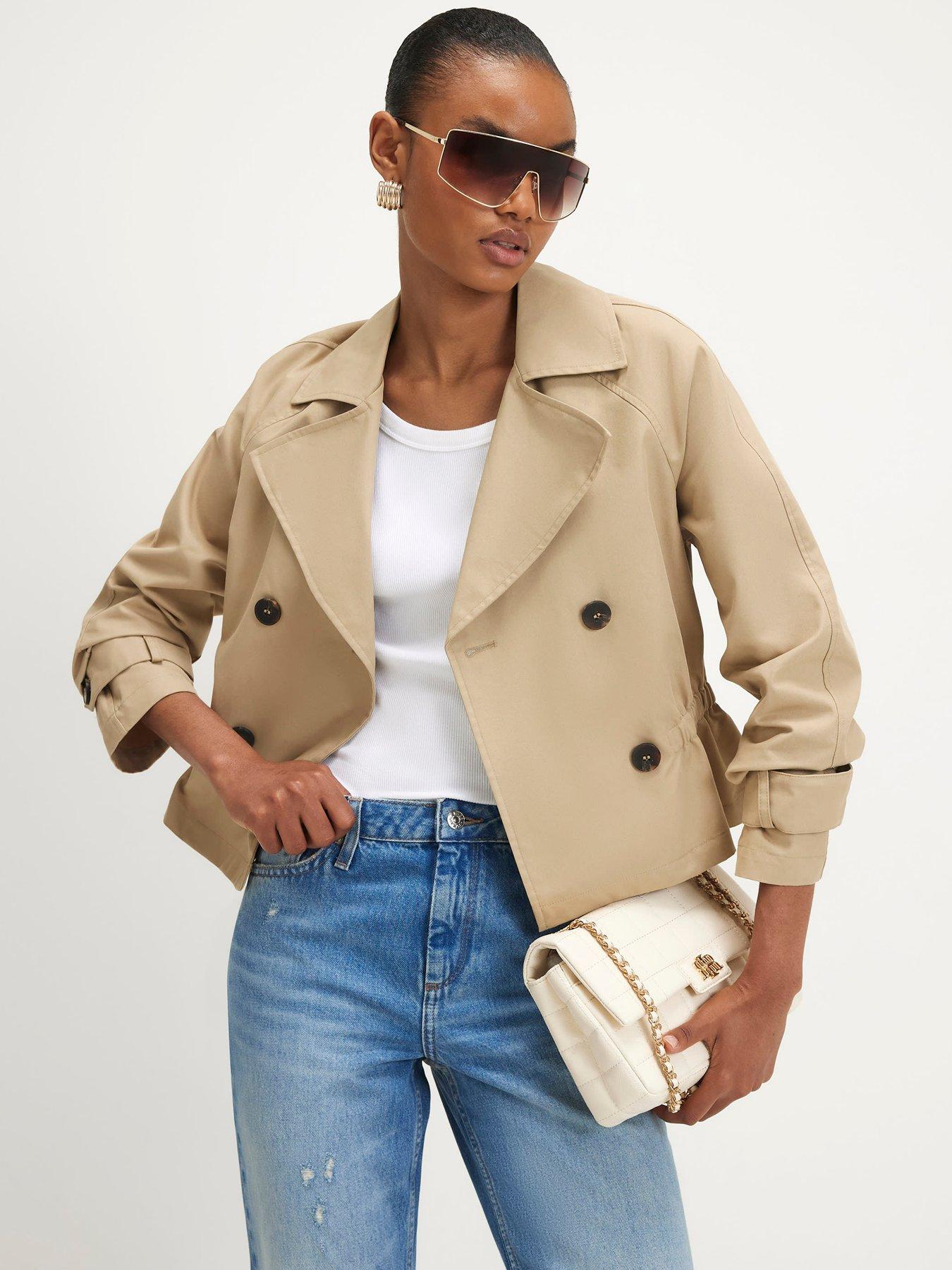 Image 1 of 4 of River Island Waisted Cropped Trench Coat - Beige