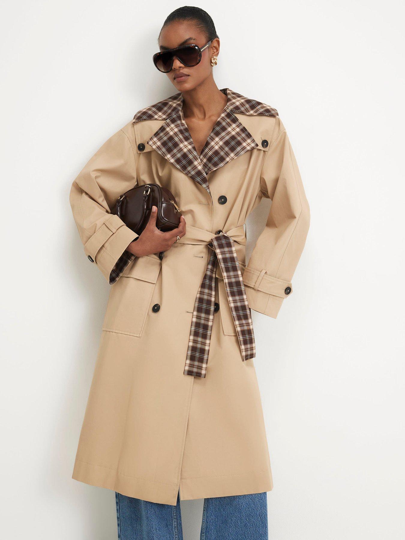 River Island Long Sleeve Check Collar Trench Coat - Beige