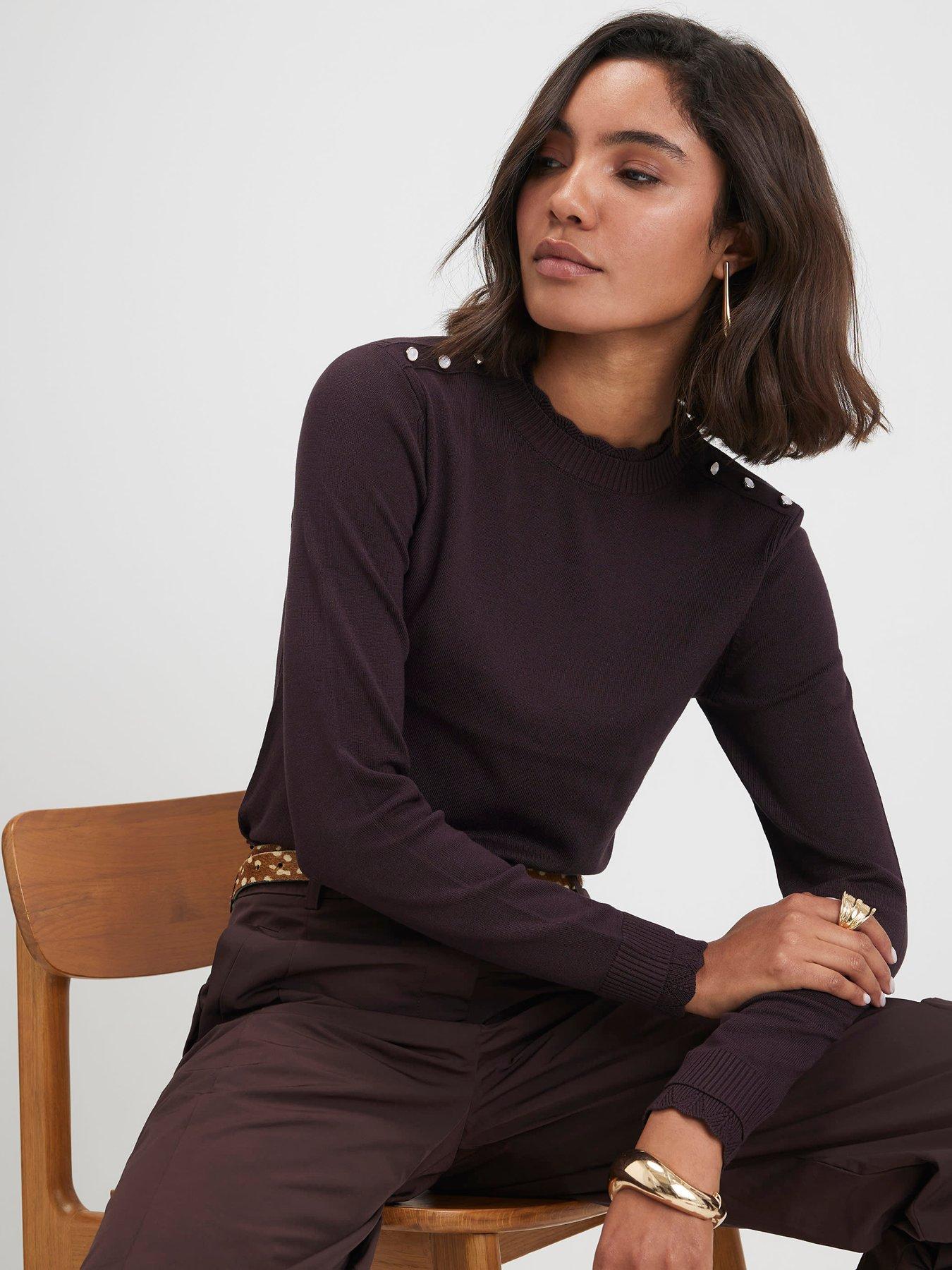 River Island Knitted Pointelle Trim Long Sleeve Top - Brown