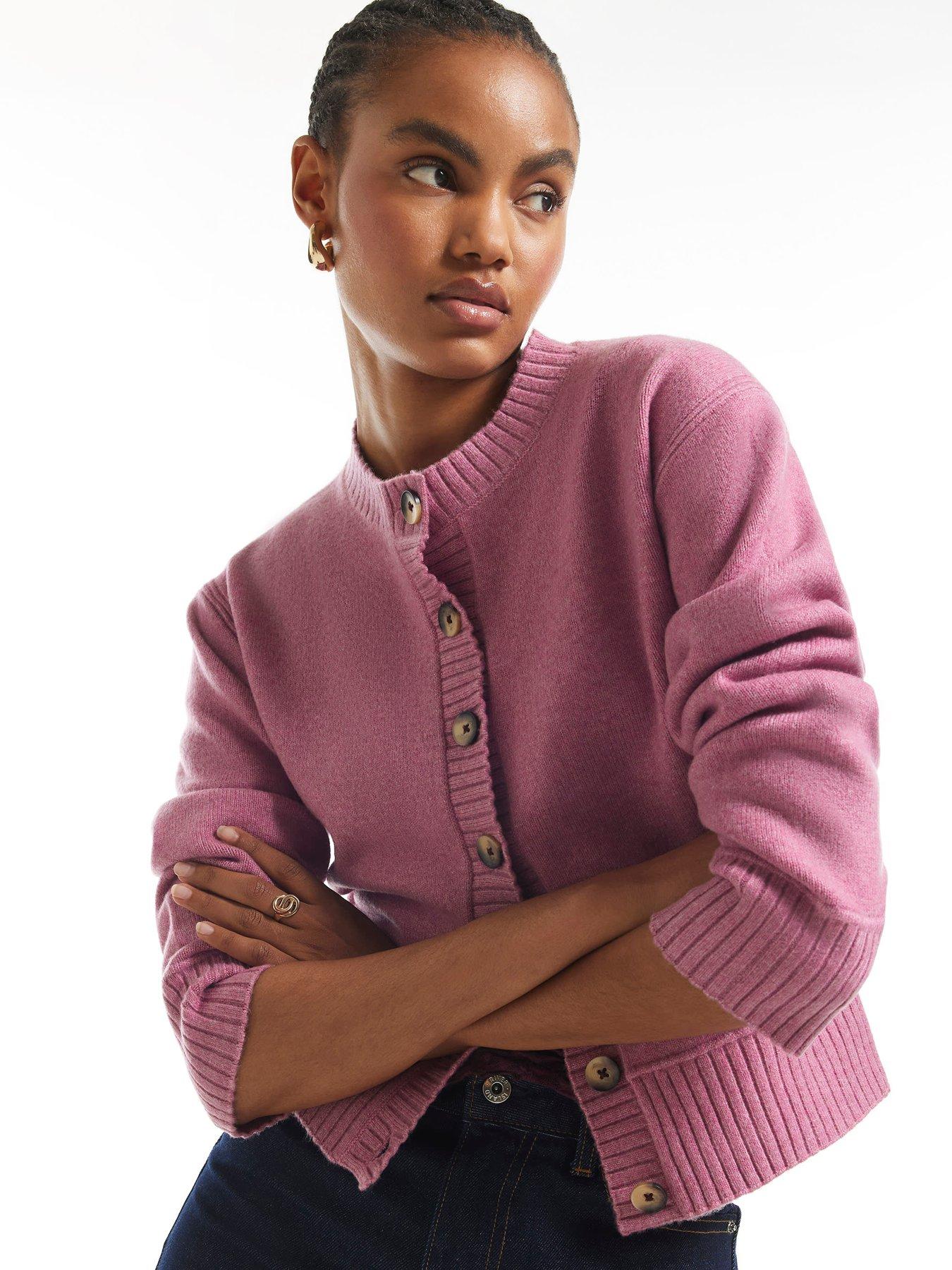 Image 1 of 6 of River Island Womens Cosy Ribbed Trim Cardigan - Pink