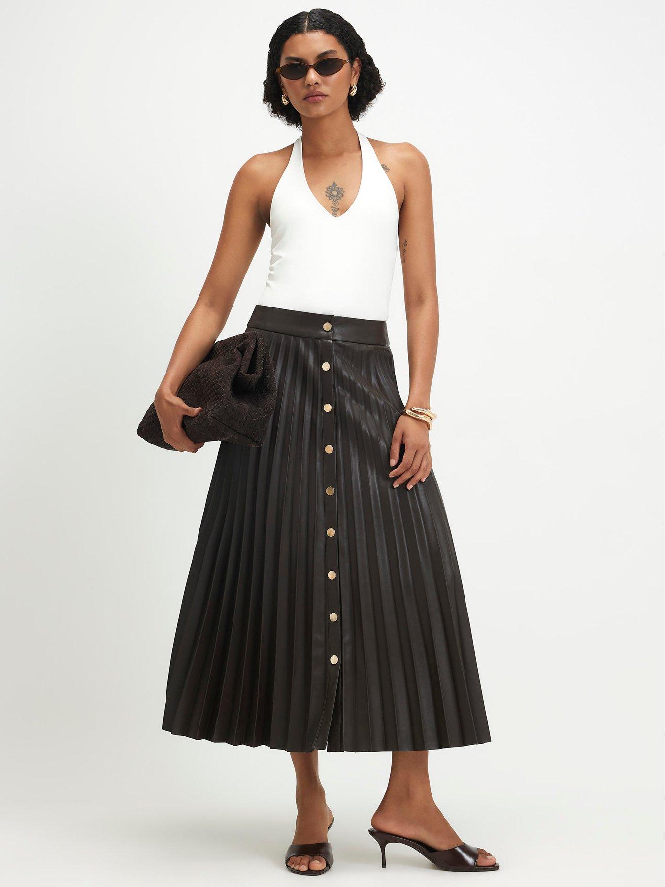 Image 1 of 6 of River Island Popper Front Pleated Midi Skirt - Brown