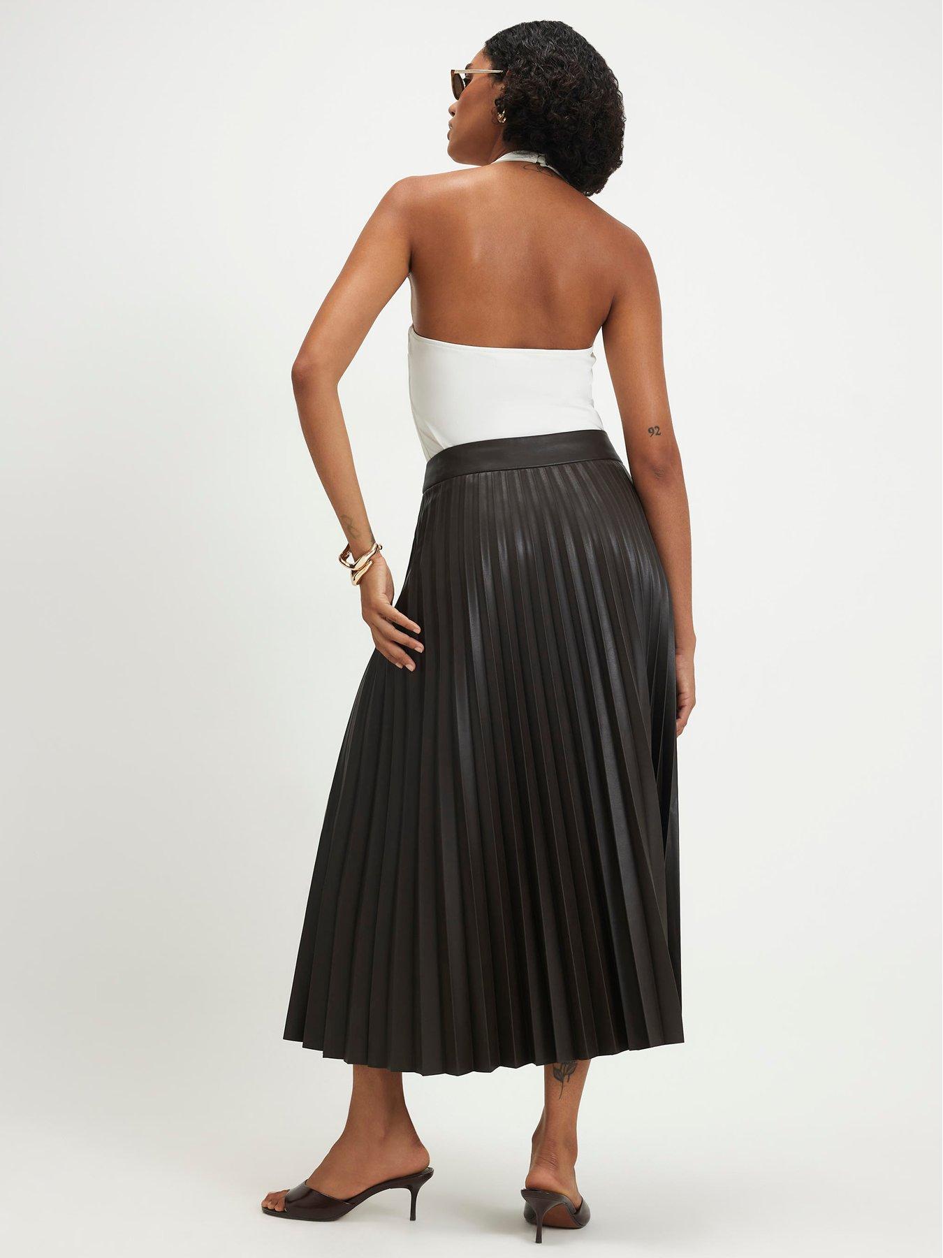 Image 2 of 6 of River Island Popper Front Pleated Midi Skirt - Brown