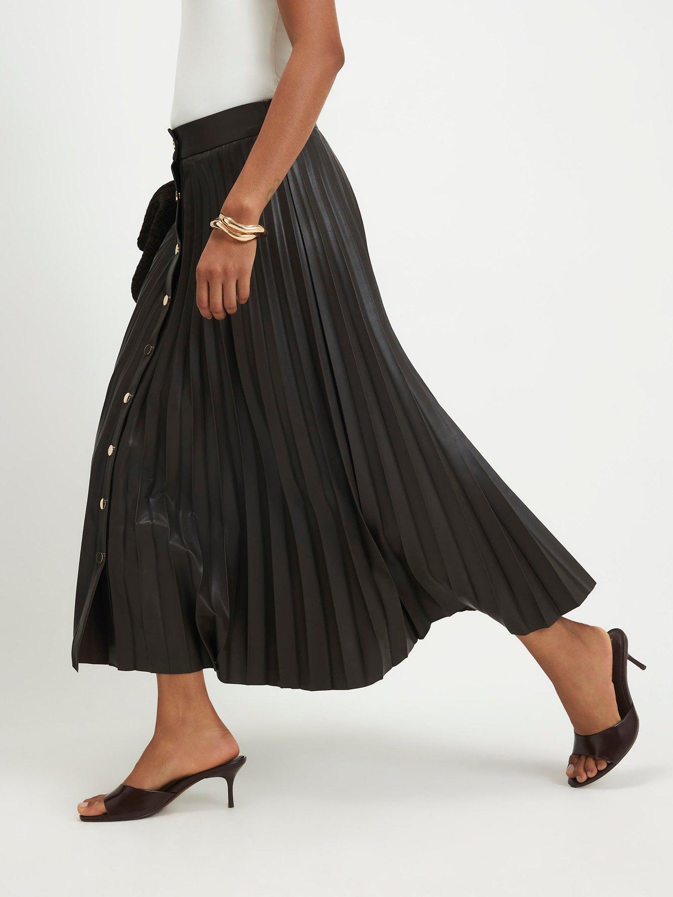 Image 3 of 6 of River Island Popper Front Pleated Midi Skirt - Brown