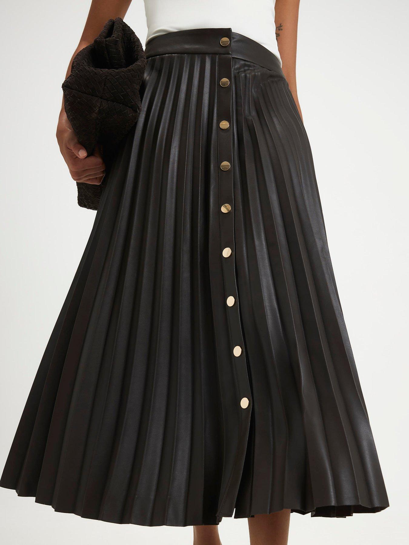 Image 4 of 6 of River Island Popper Front Pleated Midi Skirt - Brown