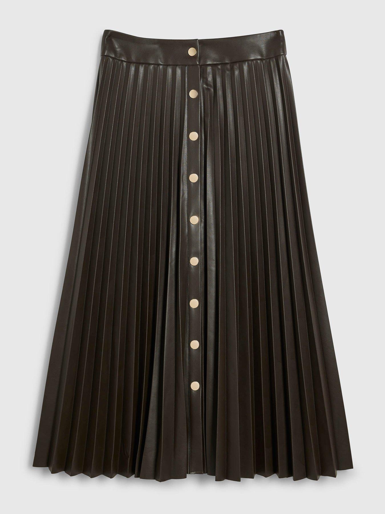 Image 5 of 6 of River Island Popper Front Pleated Midi Skirt - Brown