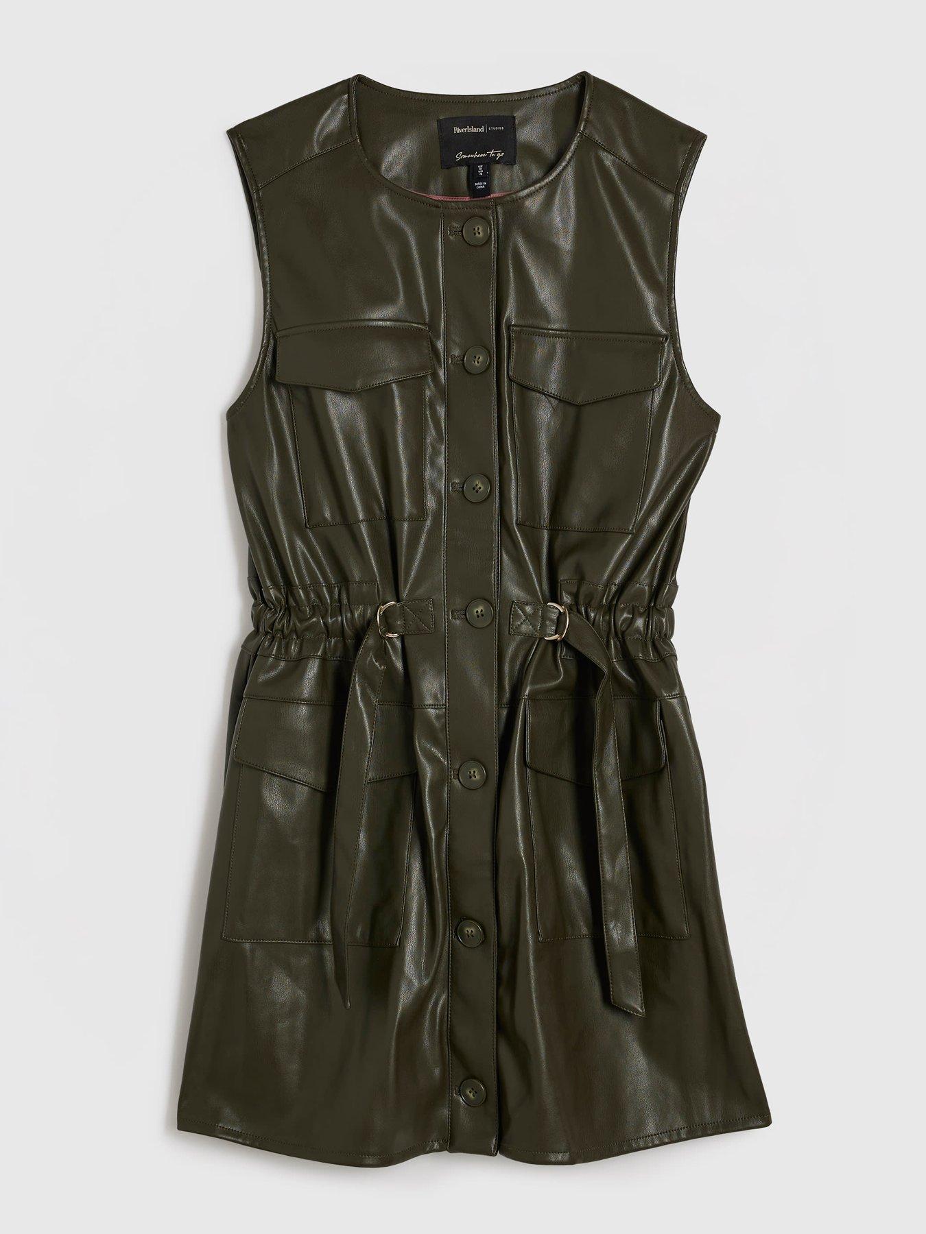 Image 5 of 6 of River Island Tie Waist Faux Leather Utility Mini Dress - Khaki