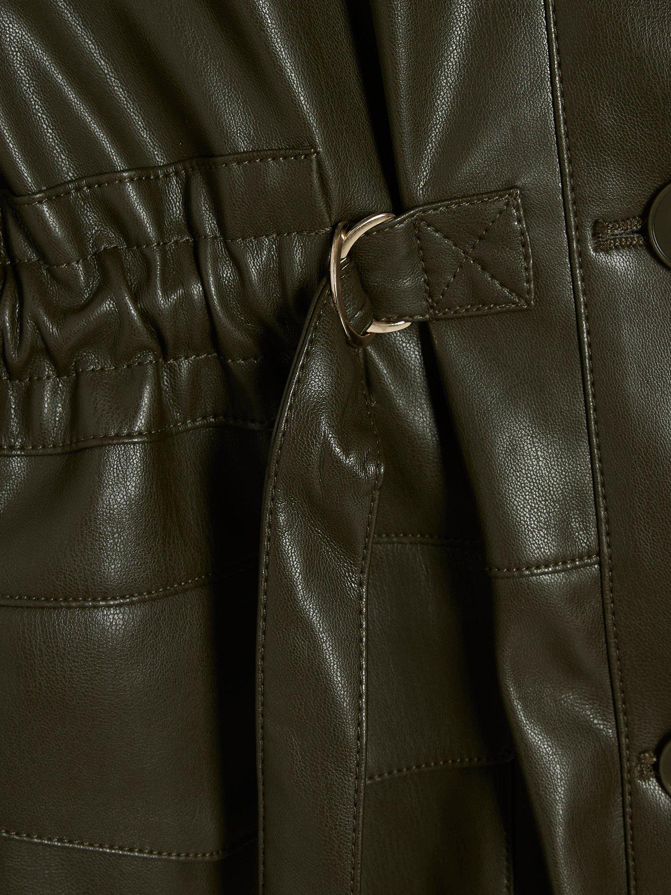 Image 6 of 6 of River Island Tie Waist Faux Leather Utility Mini Dress - Khaki