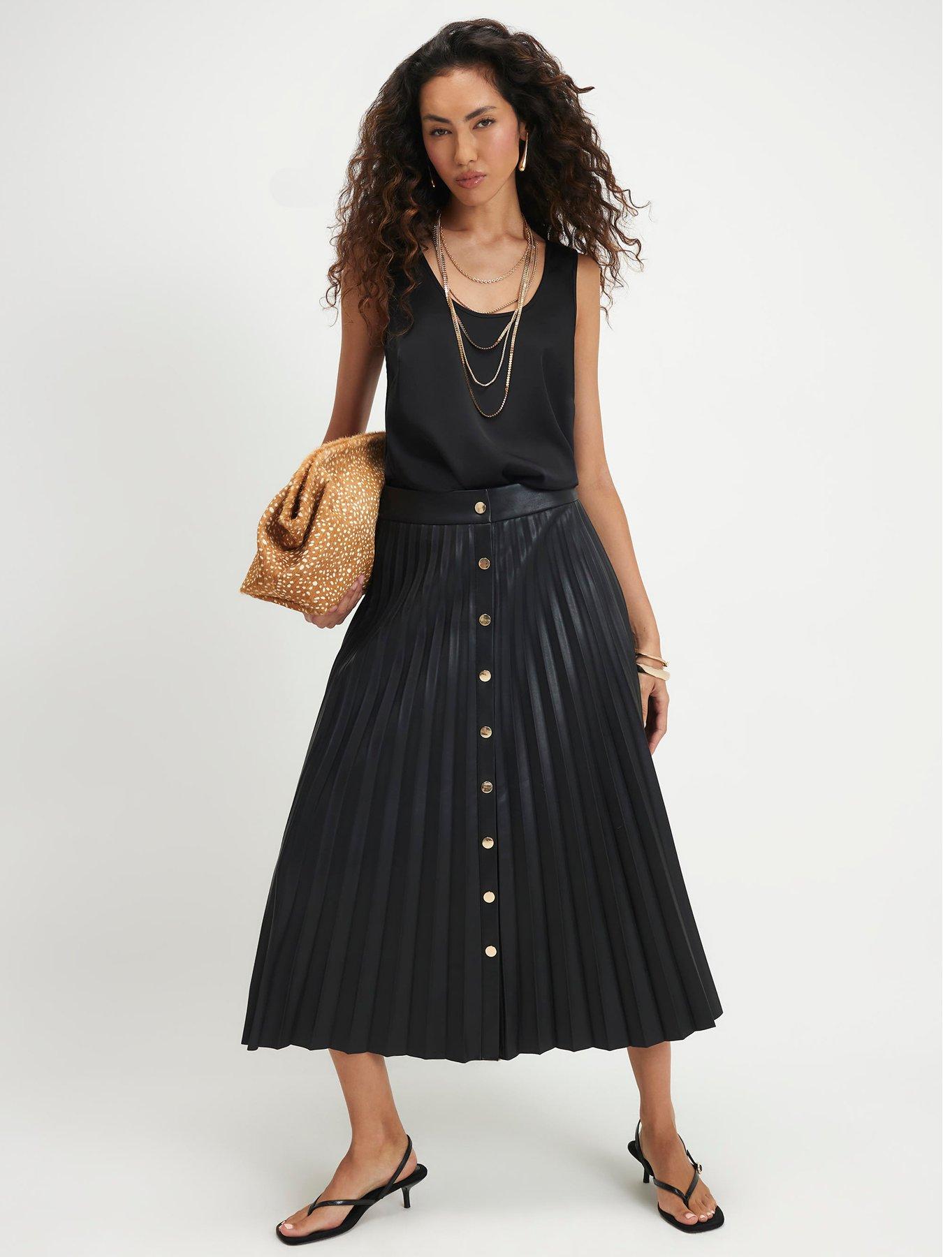 Image 1 of 6 of River Island Popper Front Pleated Midi Skirt - Black