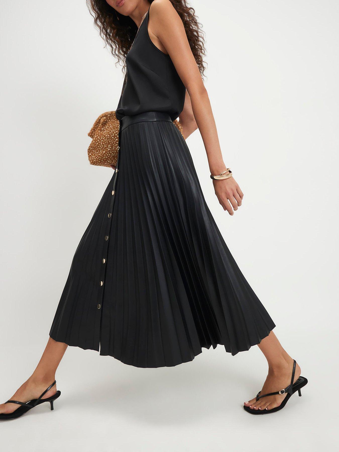 Image 3 of 6 of River Island Popper Front Pleated Midi Skirt - Black