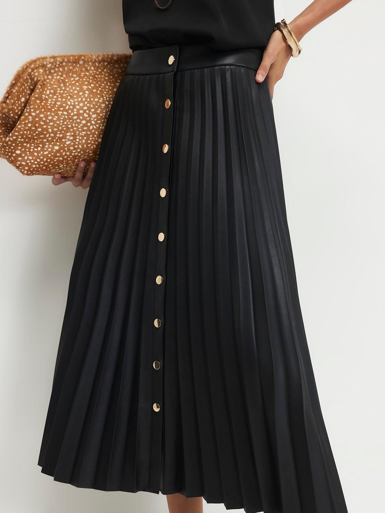 Image 4 of 6 of River Island Popper Front Pleated Midi Skirt - Black