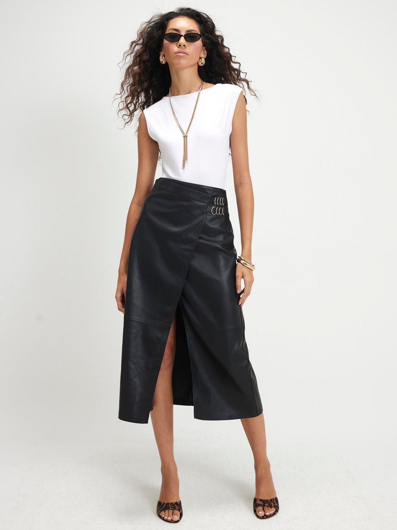 Image 1 of 6 of River Island Wrap Ring Buckle Split Midi Skirt - Black