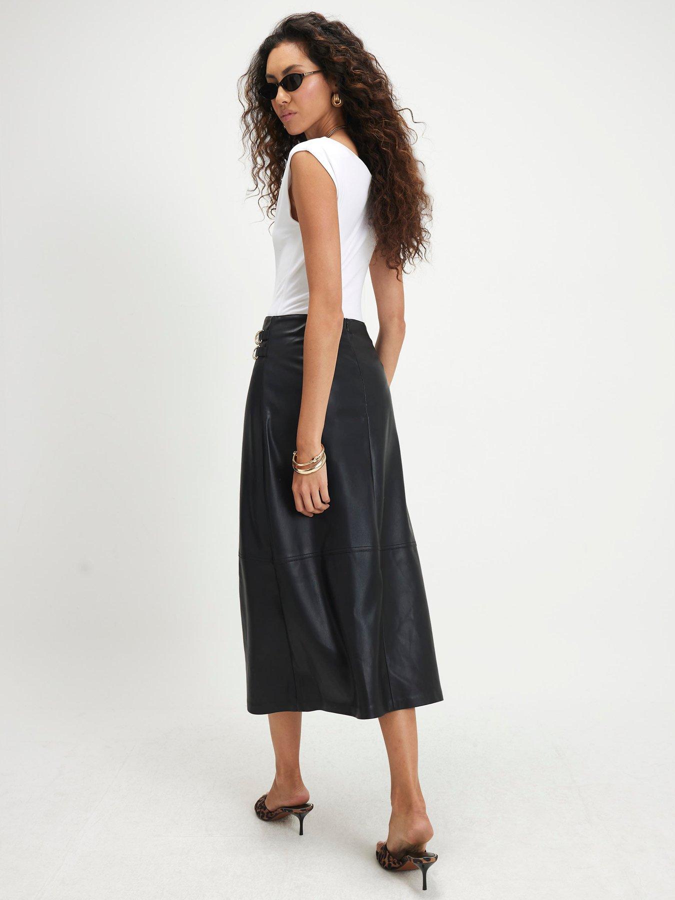 Image 2 of 6 of River Island Wrap Ring Buckle Split Midi Skirt - Black