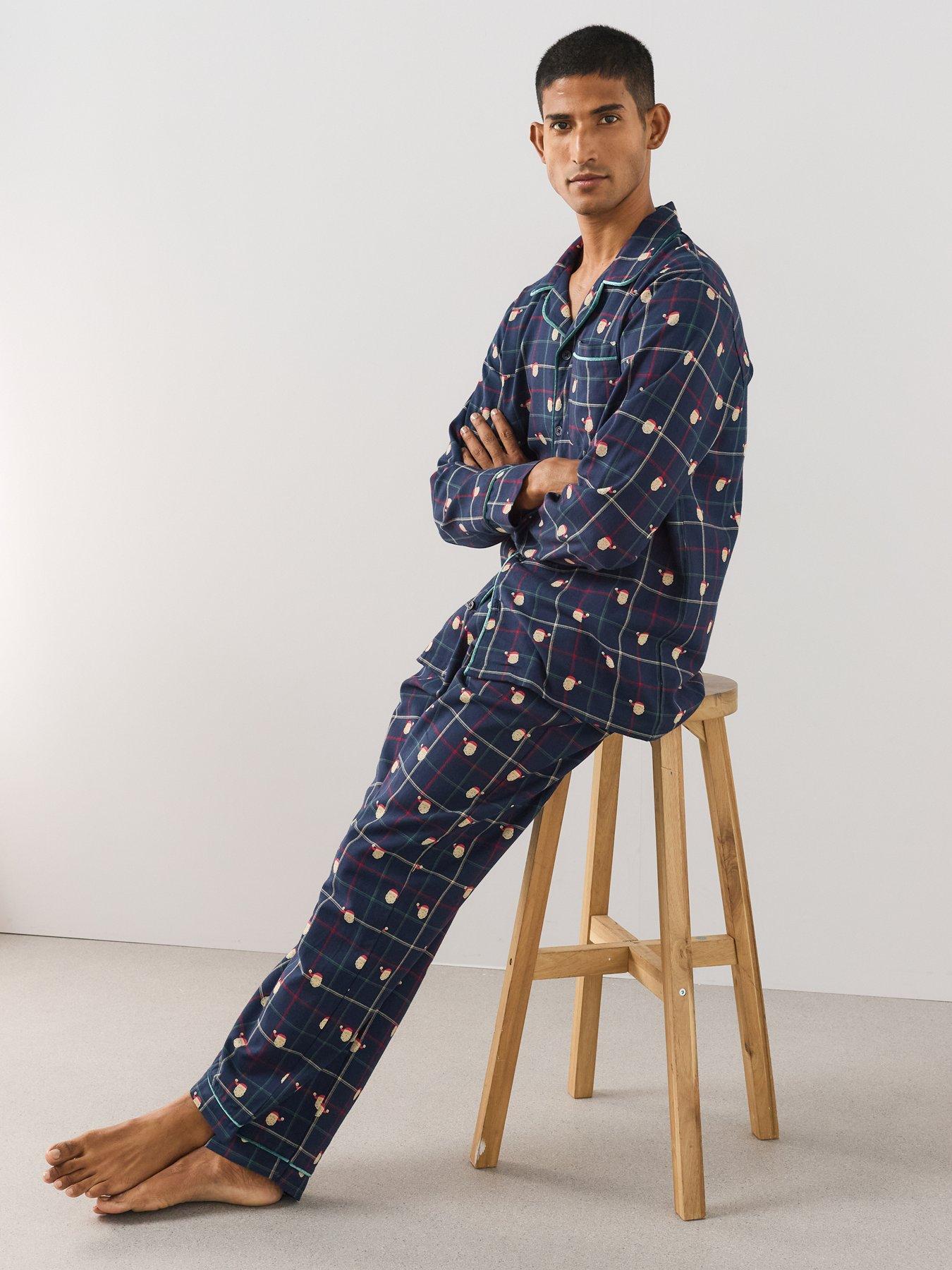 Image 4 of 7 of The Very Collection Mens Family Christmas Pyjama Woven Printed Santa Revere Set - Navy