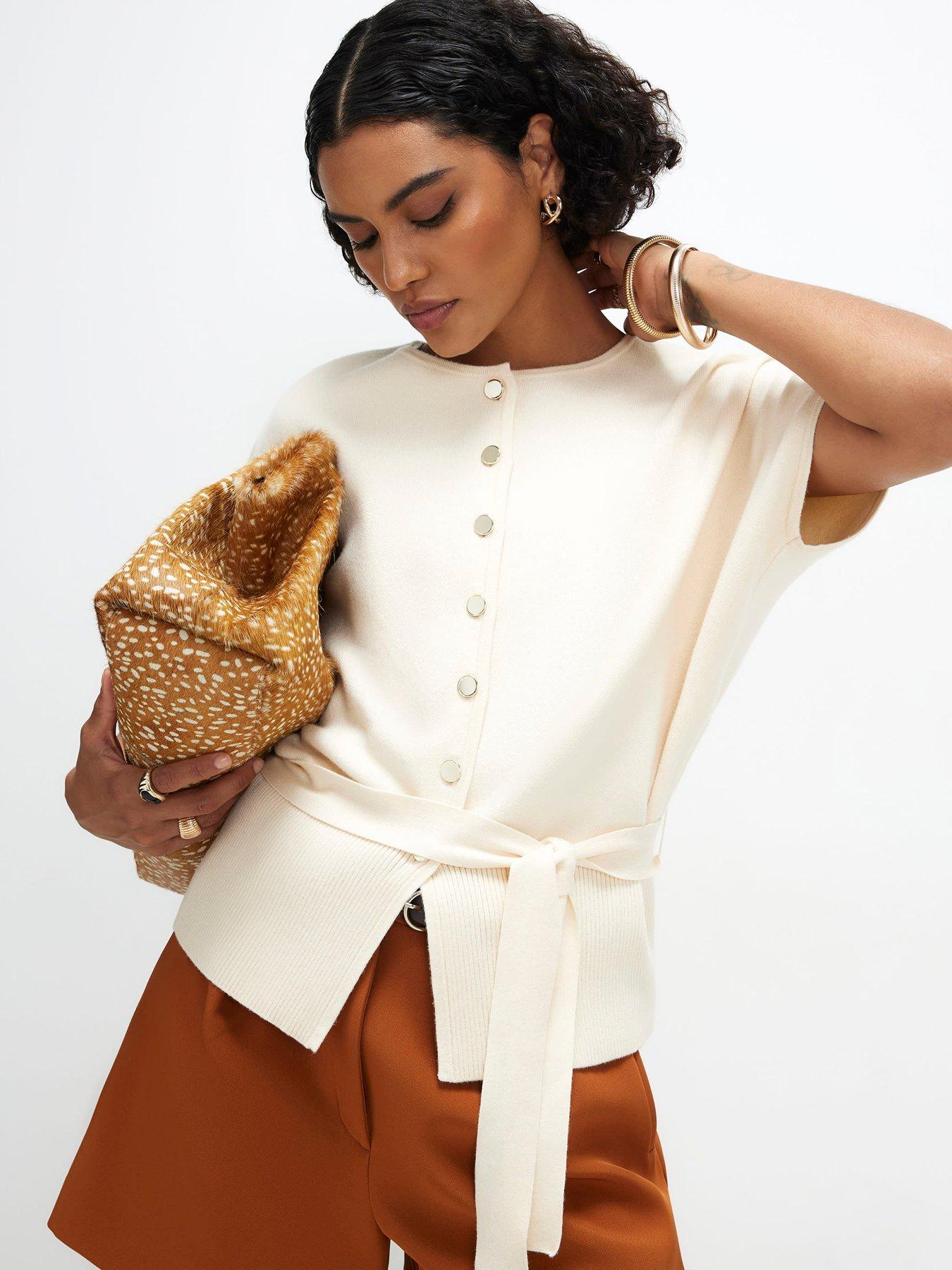 River Island Women's Cinched Waist Belted Cardigan Top - Cream