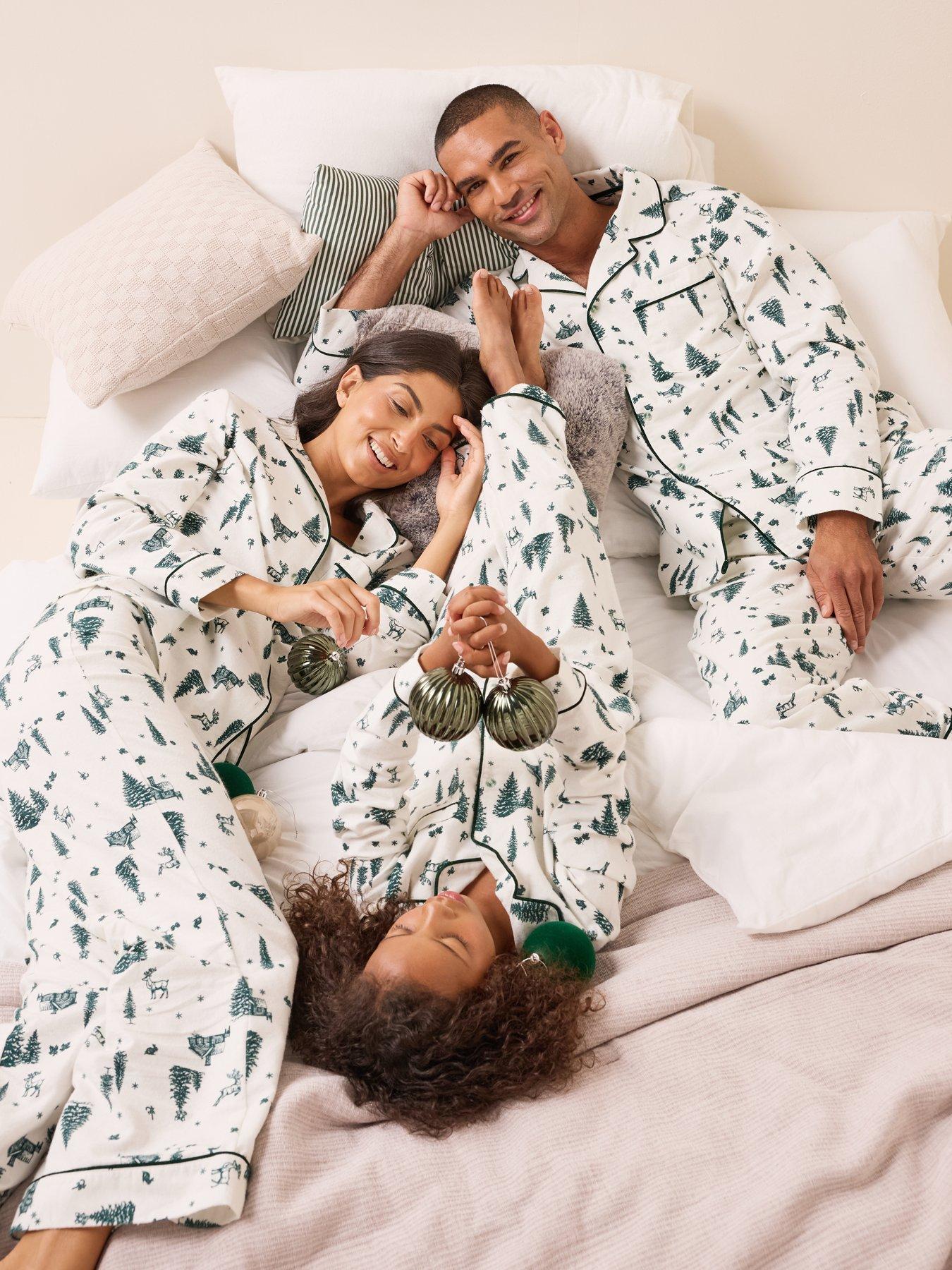 The Very Collection Mens Family Christmas Pyjama Xmas Tree Brushed Woven Revere Set - Cream