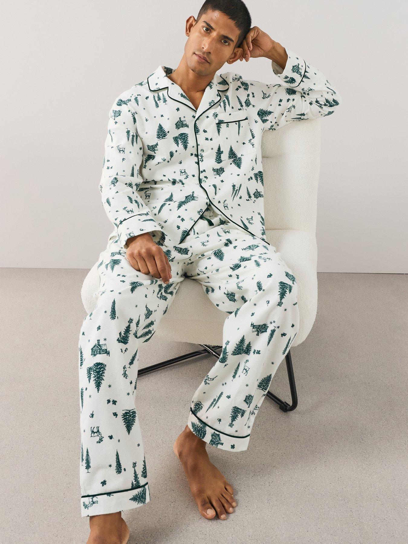 Image 2 of 7 of The Very Collection Mens Family Christmas Pyjama Xmas Tree Brushed Woven Revere Set - Cream