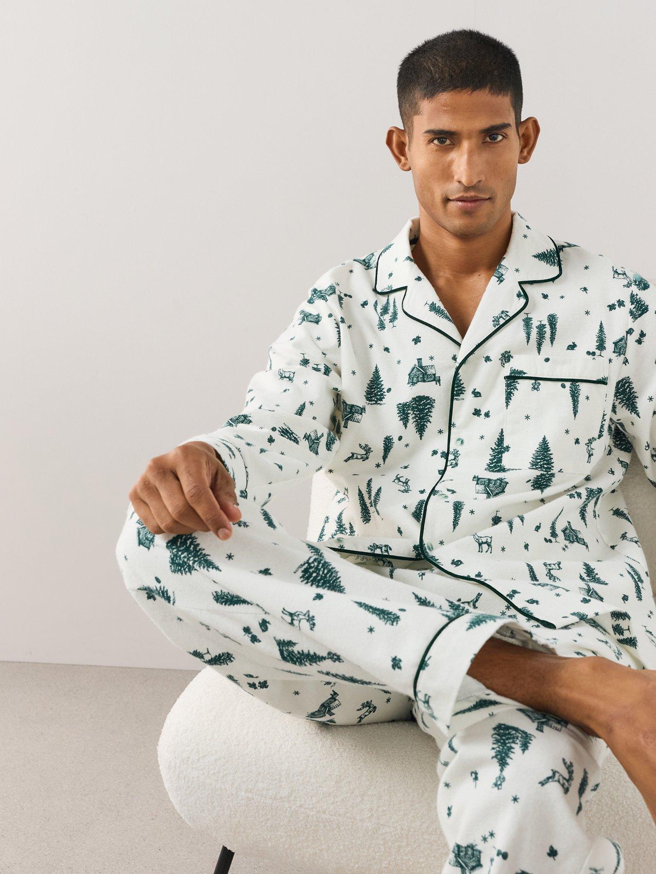 Image 6 of 7 of The Very Collection Mens Family Christmas Pyjama Xmas Tree Brushed Woven Revere Set - Cream