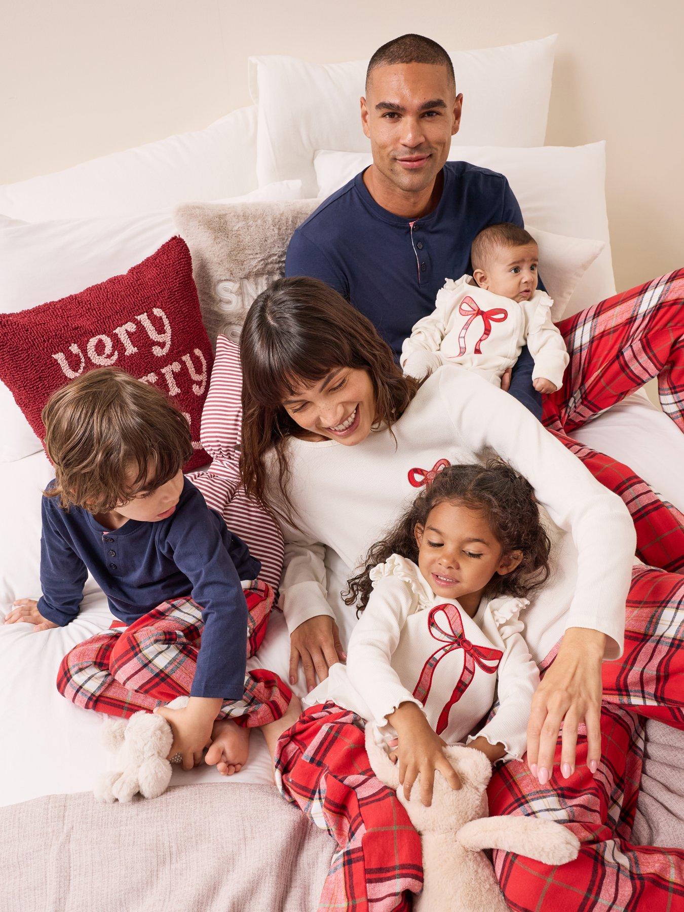 The Very Collection Mens Family Christmas Pyjama Check Ribbed Henley And Check Woven Bottoms Set - Navy