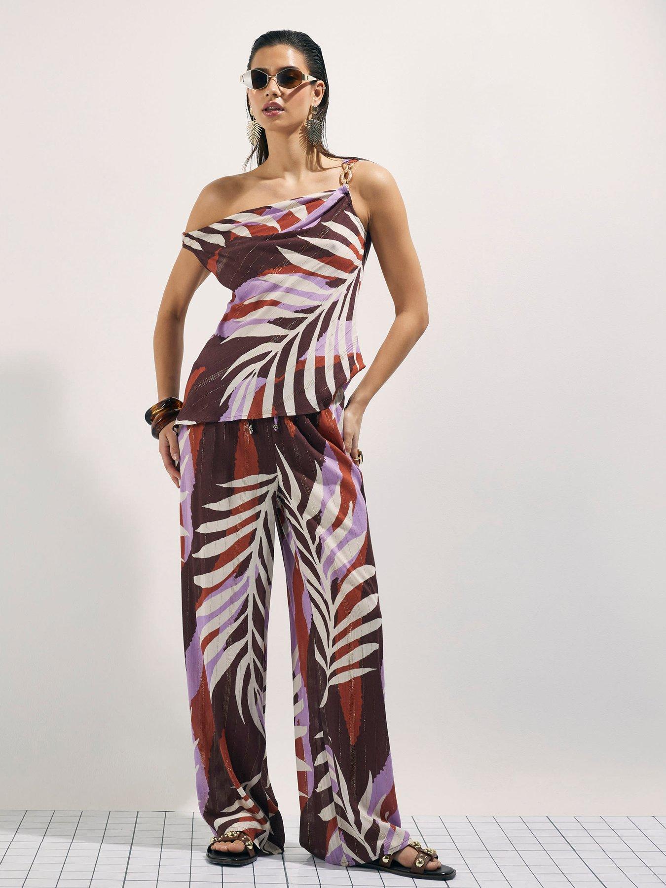 Image 1 of 4 of River Island Leaf Print Co-ord Top - Brown