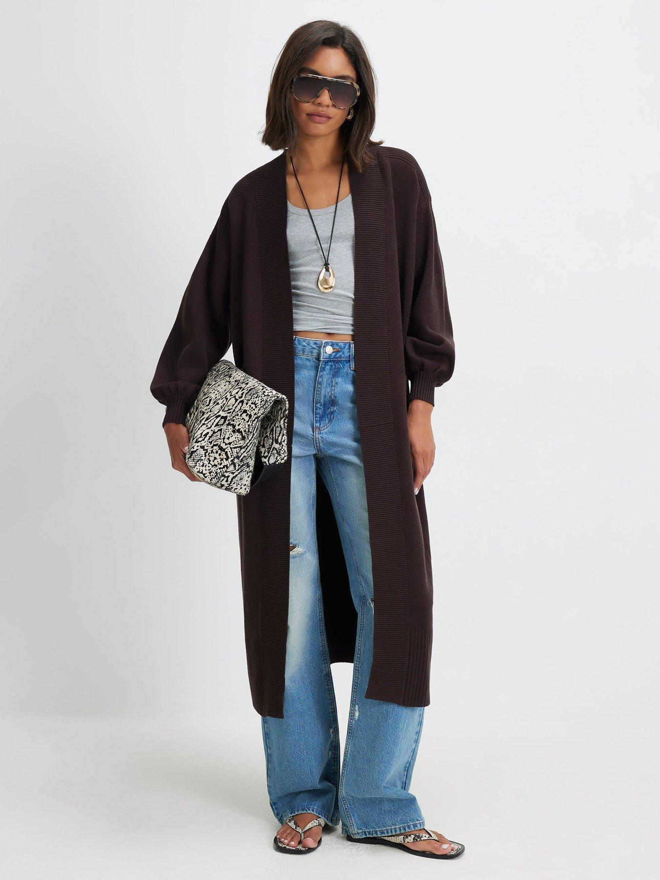 River Island Women's Cotton Mixed Rib Knit Maxi Cardigan - Brown