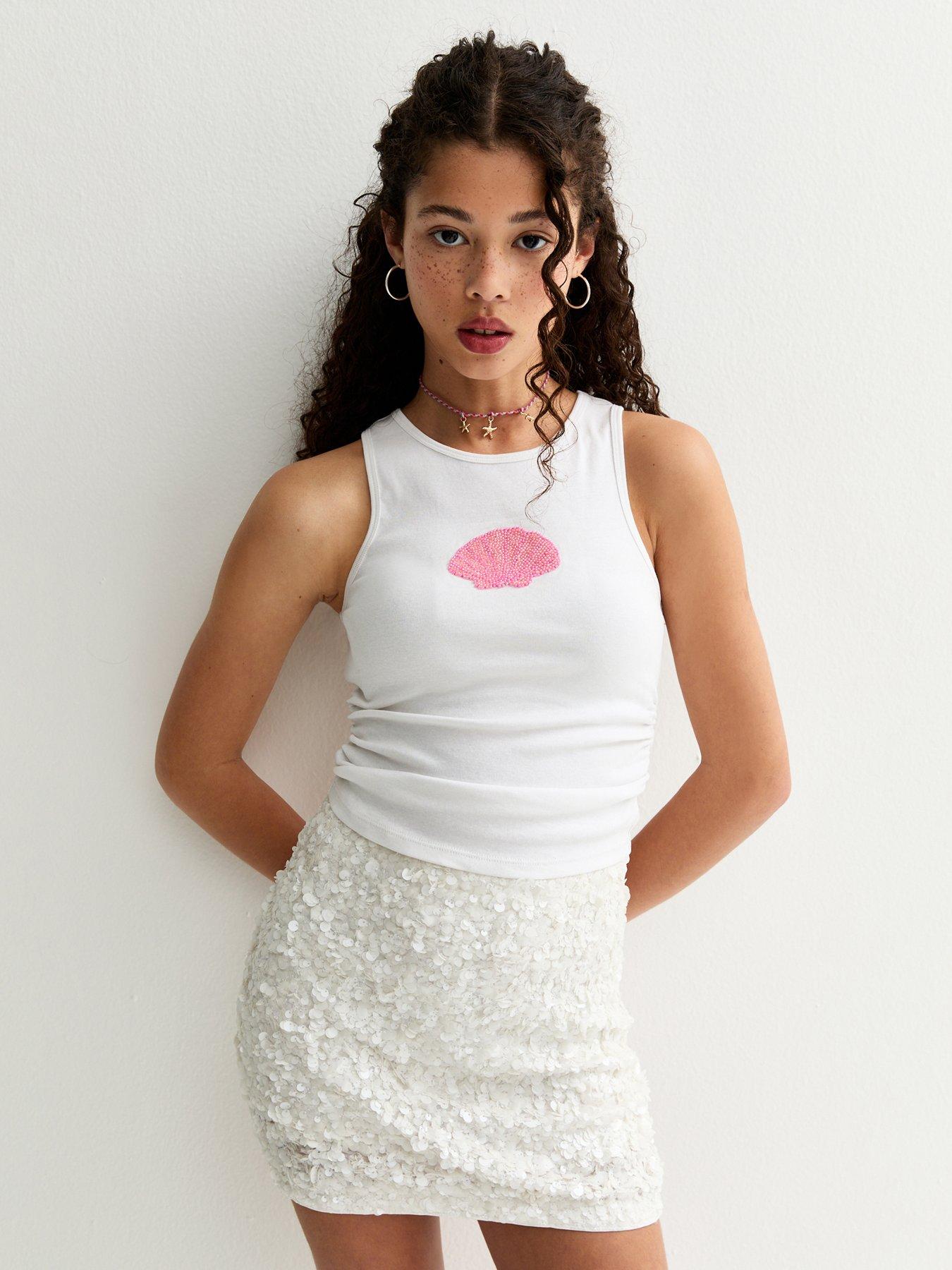 New Look 915 Girls Beaded Shell Cropped Vest - White