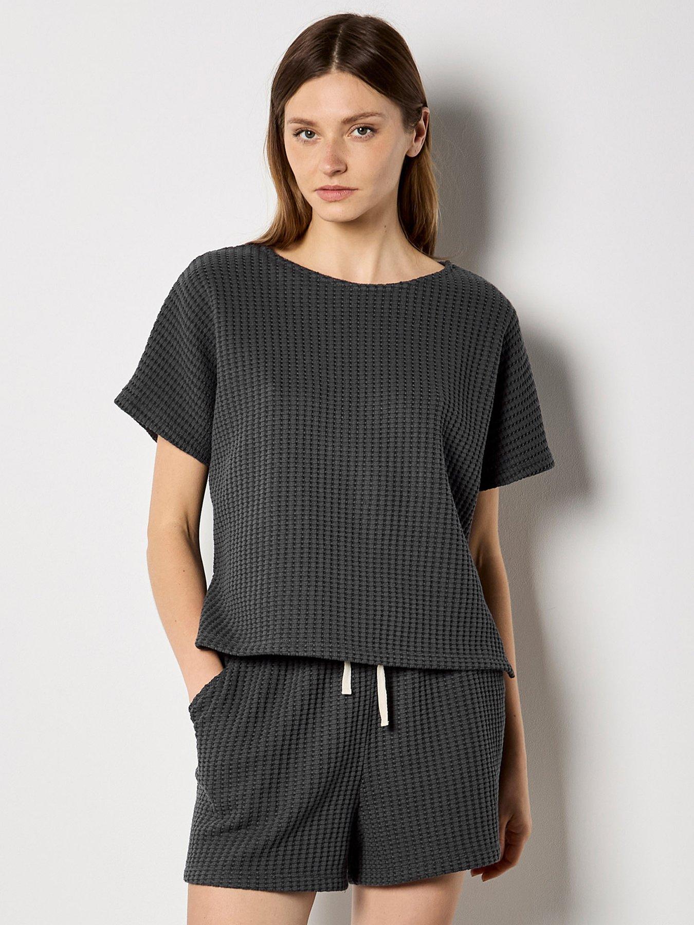 Apricot Dry Waffle Body Grown On Sleeve T-Shirt - Grey