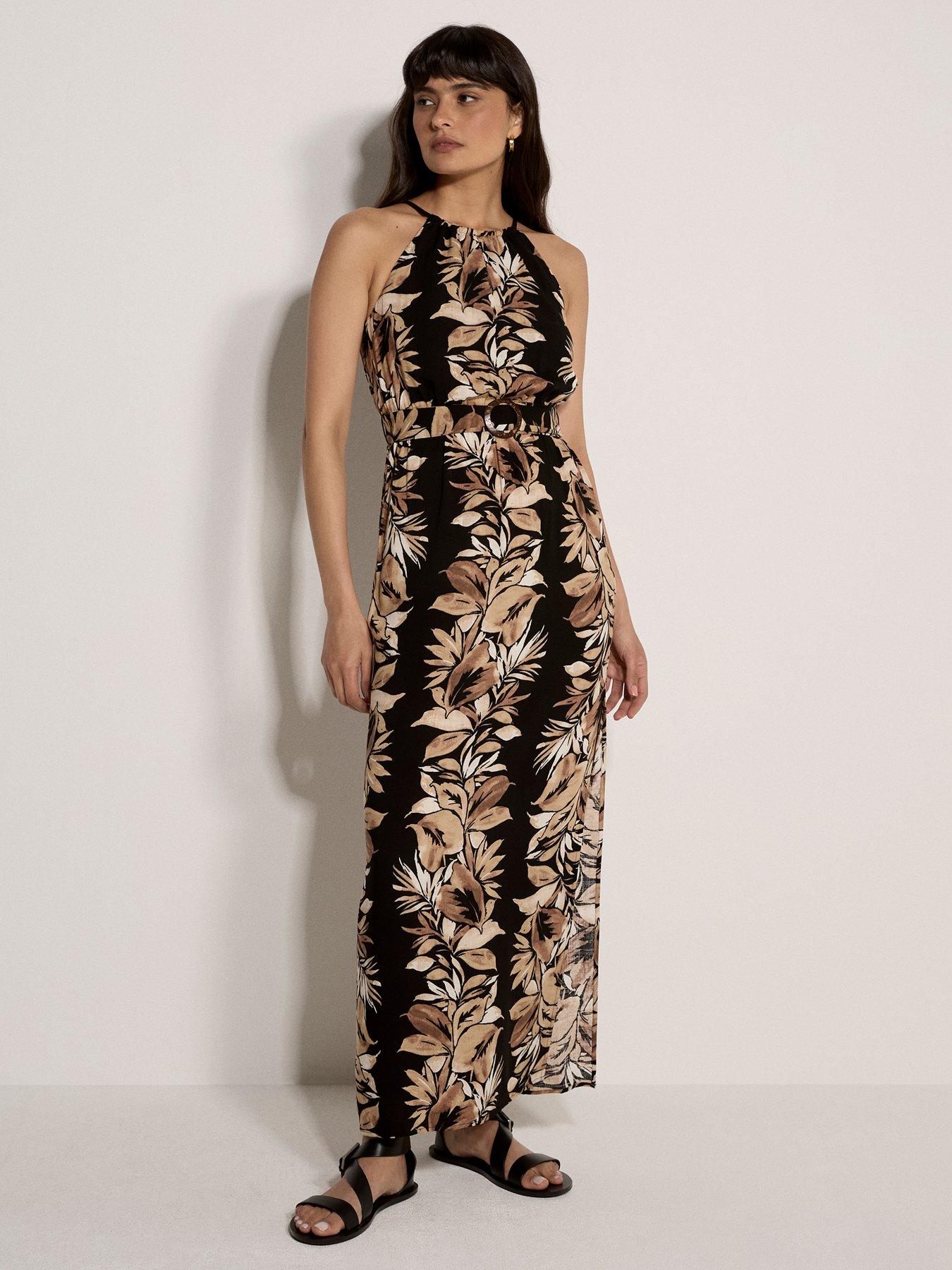 Apricot Maxi Halter Neck Stripe Leaf Dress - Black
