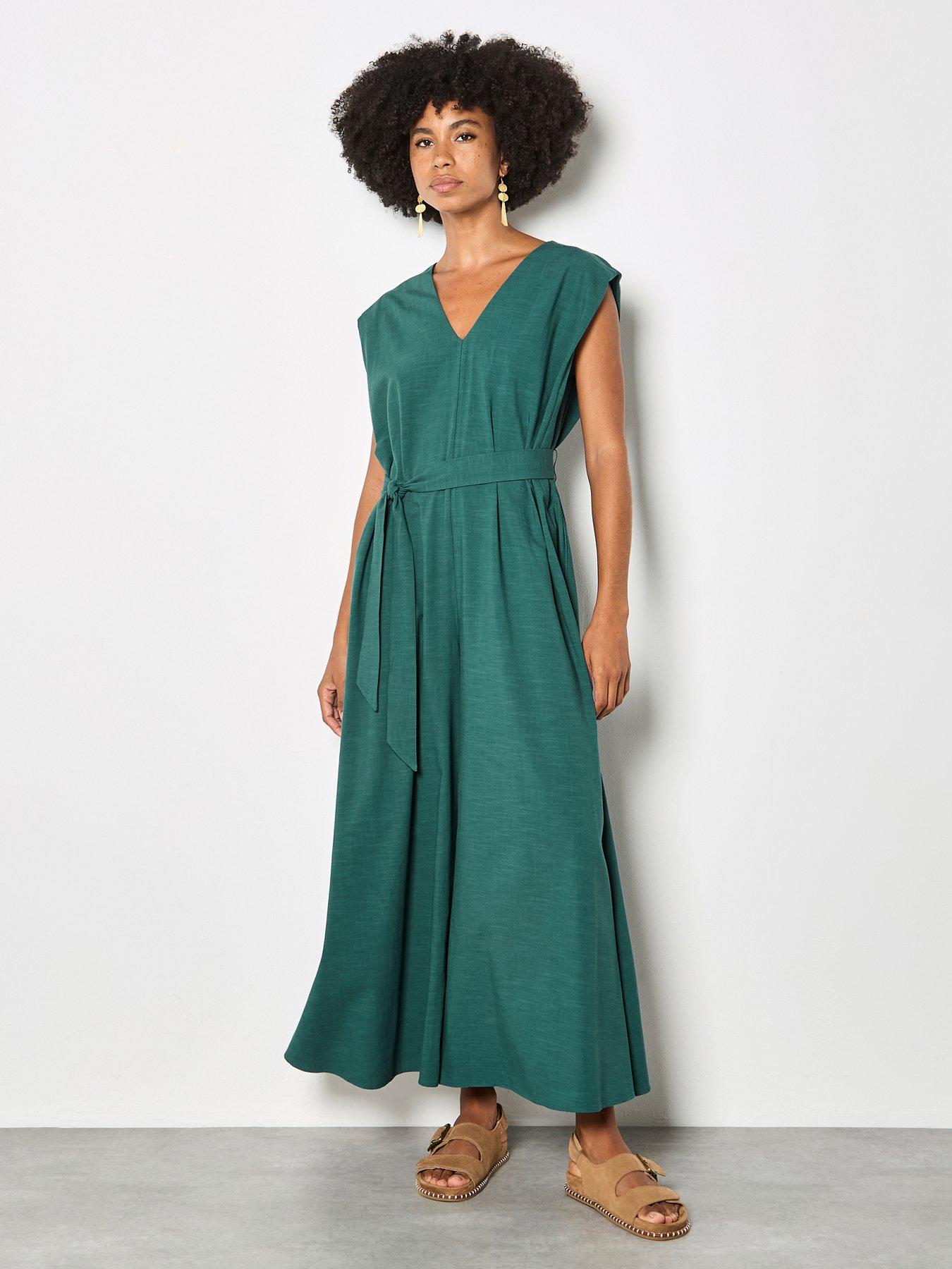 Apricot Wide Leg V-Neck Belted Jumpsuit - Green
