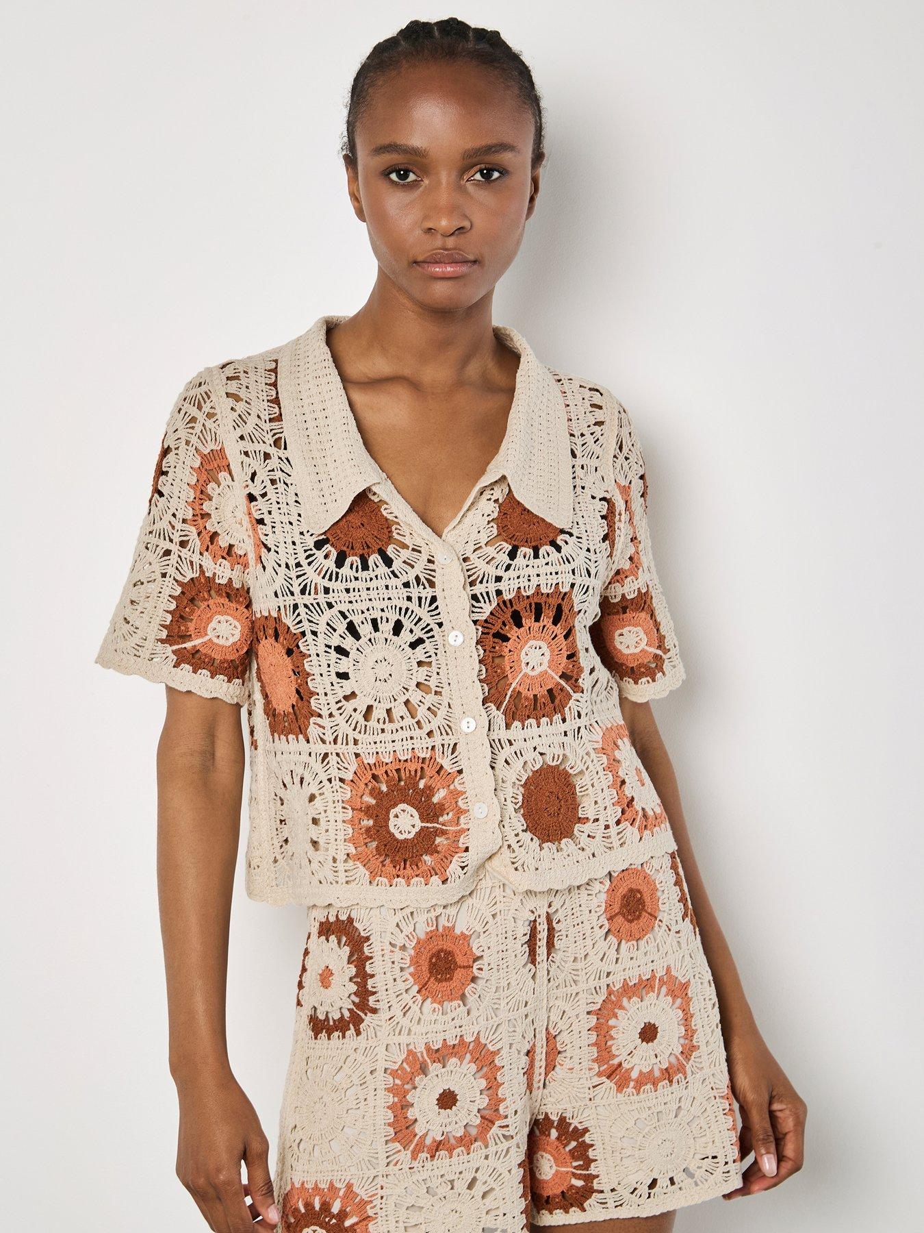 front image of apricot-crochet-squares-collar-button-thru-top