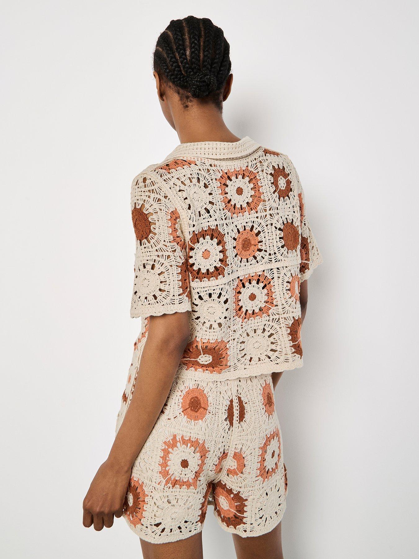 stillFront image of apricot-crochet-squares-collar-button-thru-top
