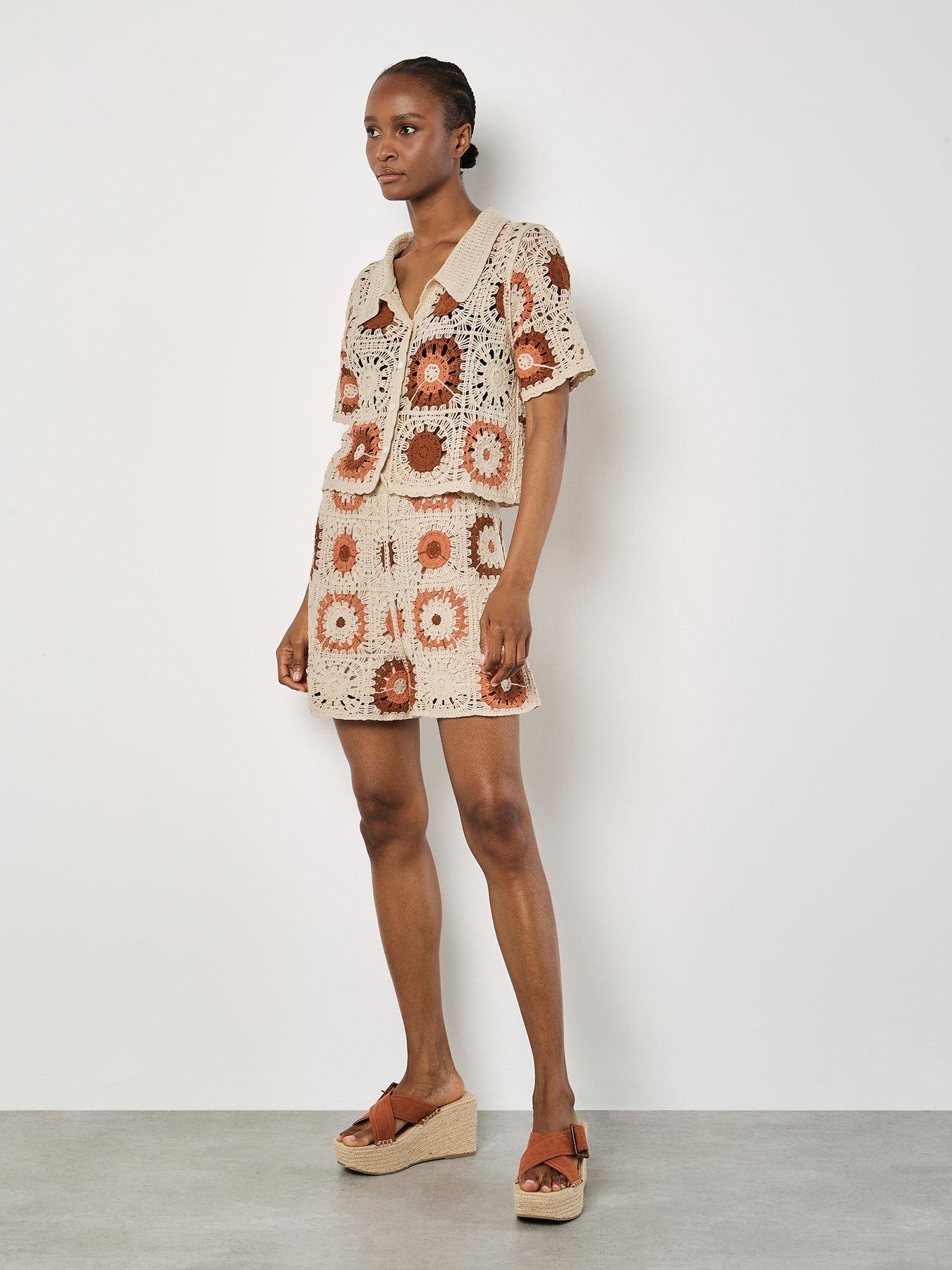  image of apricot-crochet-squares-collar-button-thru-top