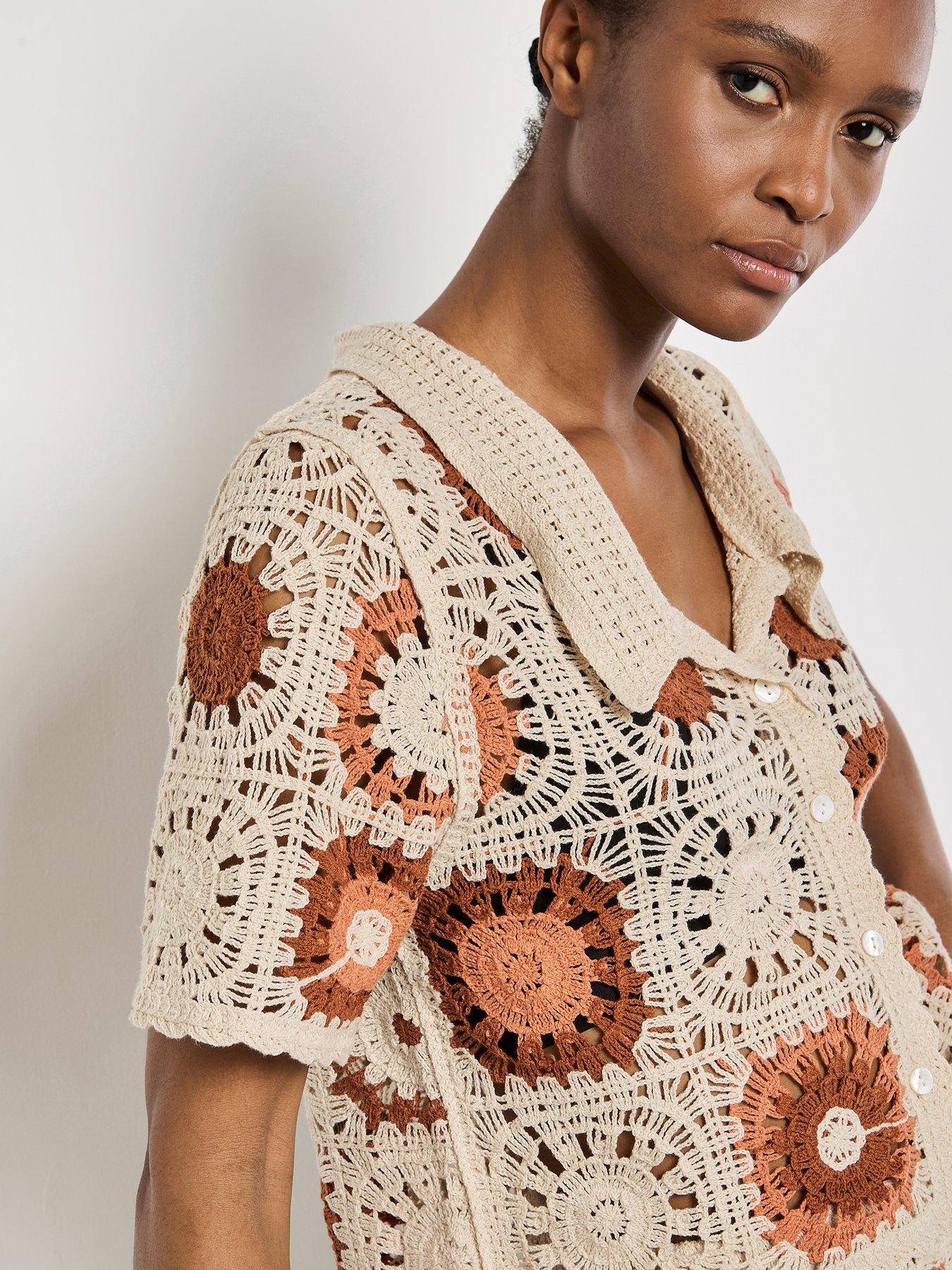  image of apricot-crochet-squares-collar-button-thru-top