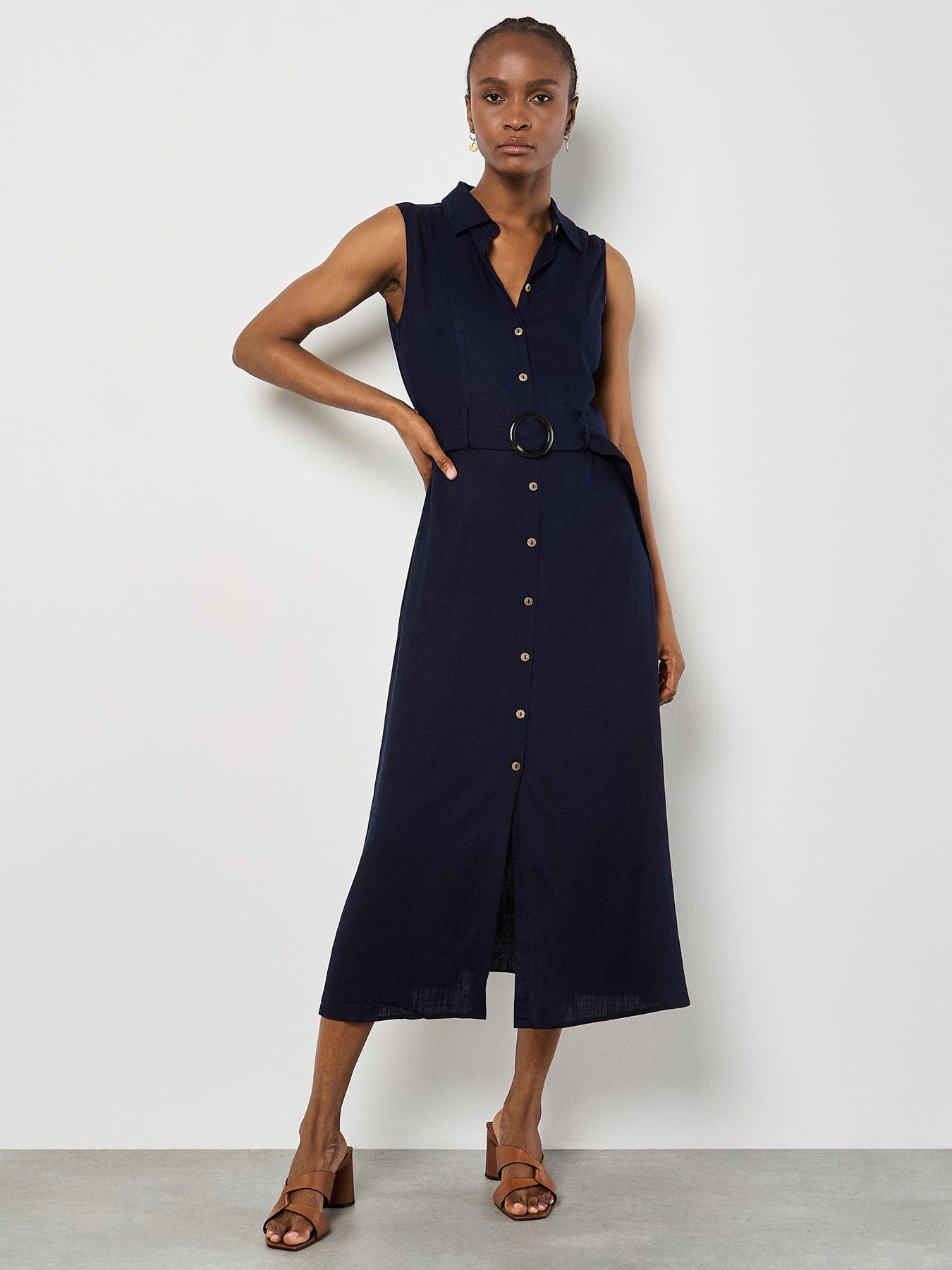 Apricot S/less Belted Linen Mix Shirt Midi Dress