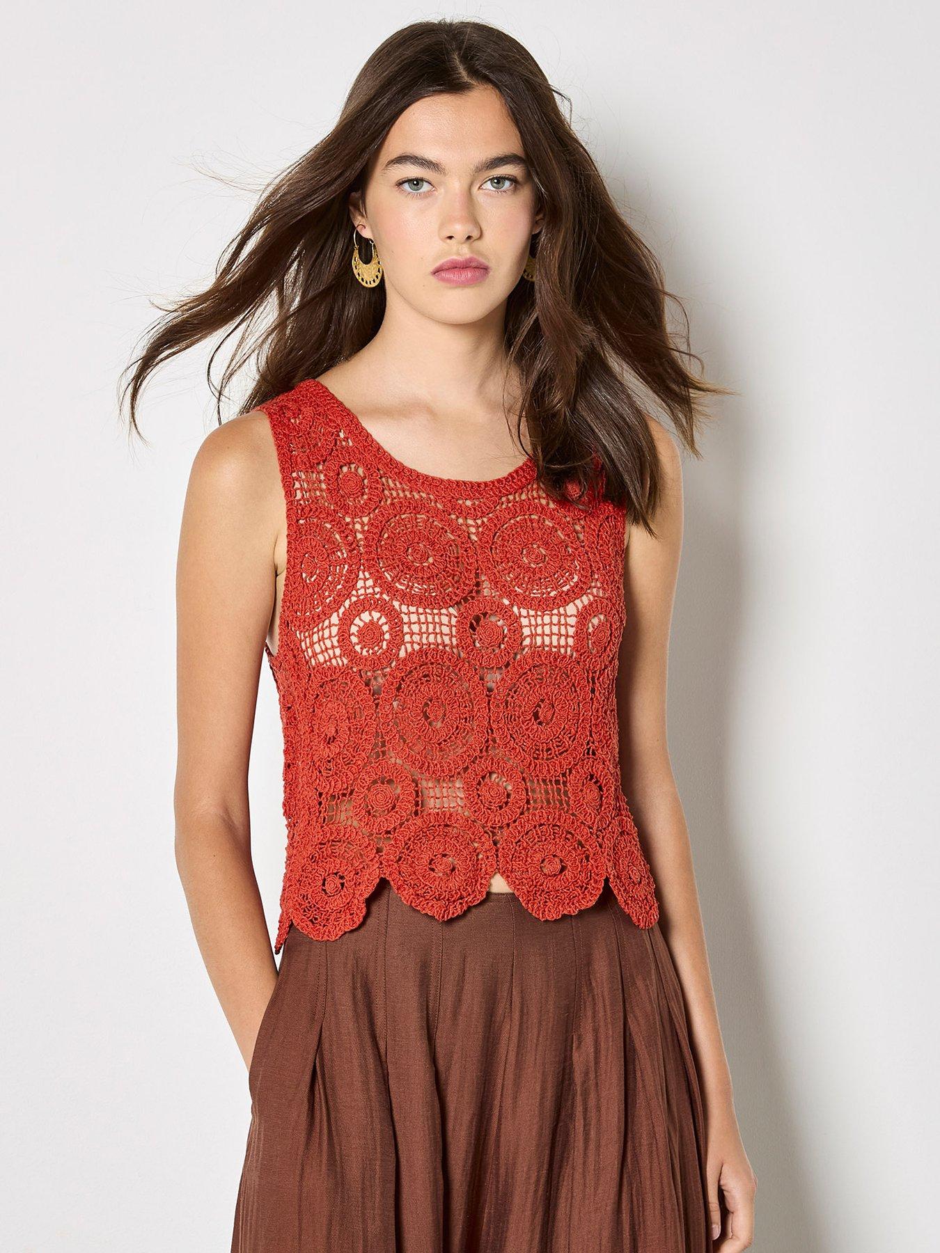 Image 1 of 5 of Apricot Circles Crochet Shell Top - Orange