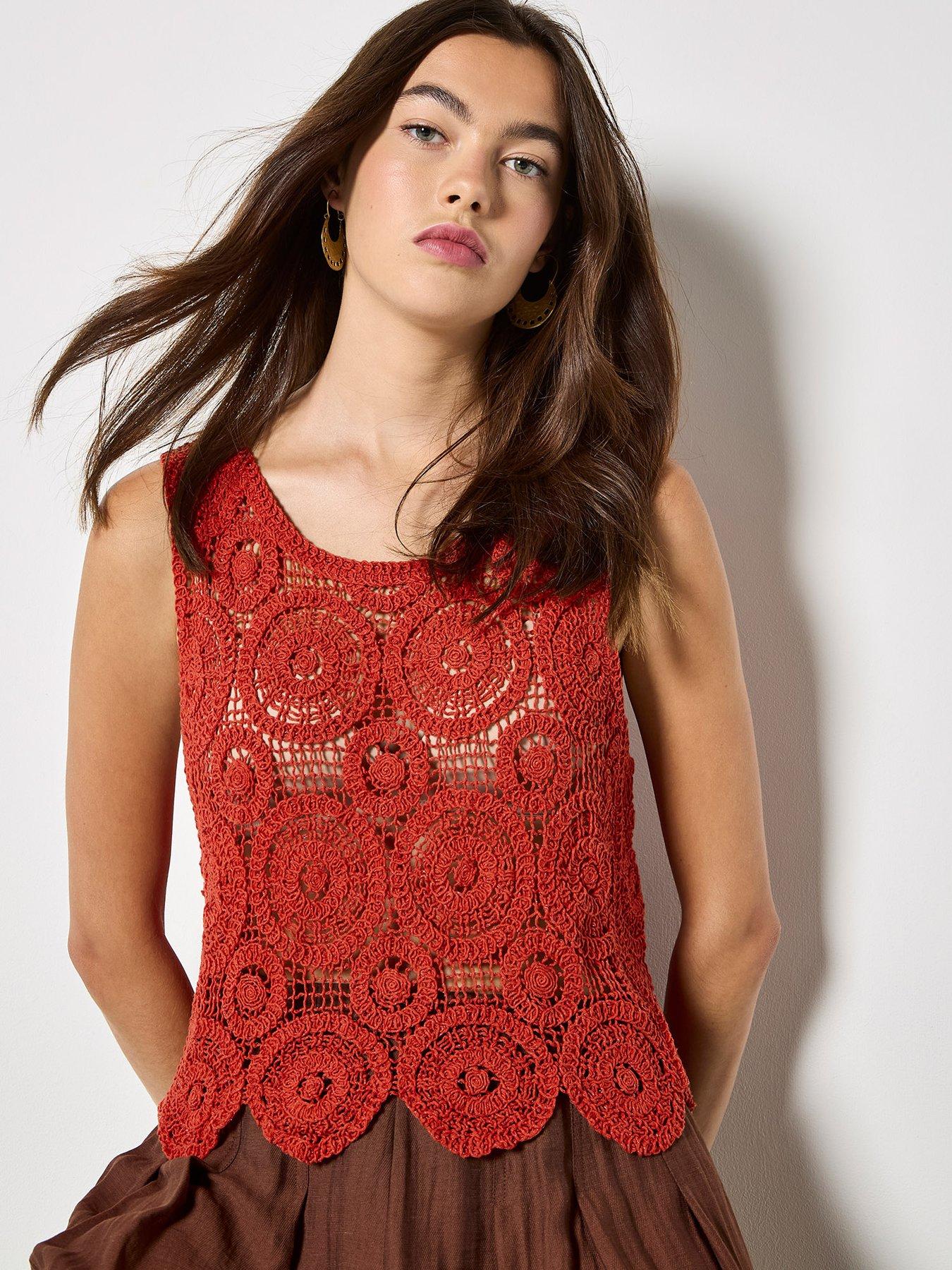 Image 4 of 5 of Apricot Circles Crochet Shell Top - Orange